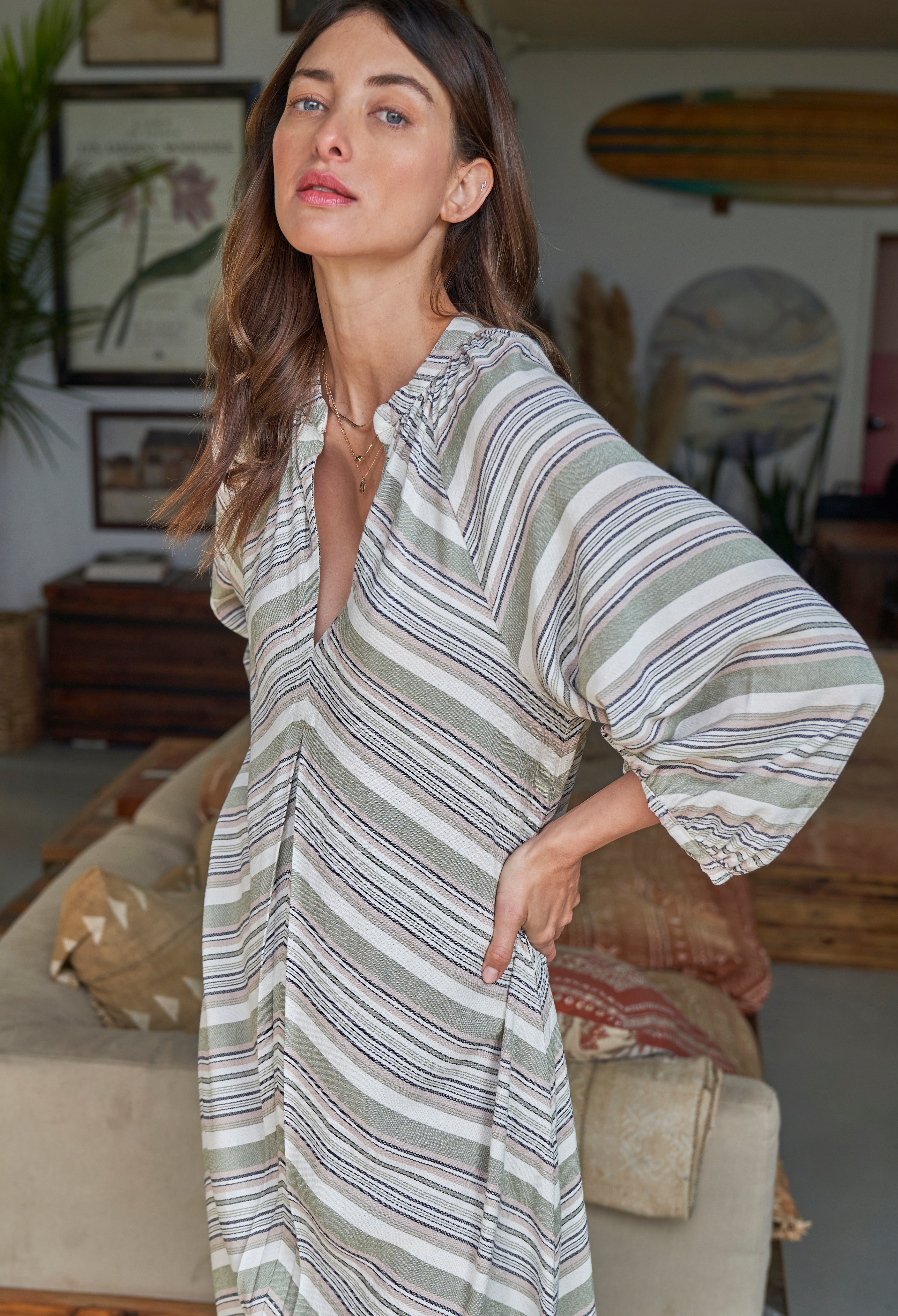 Sage and Ivory Striped Tunic Dress