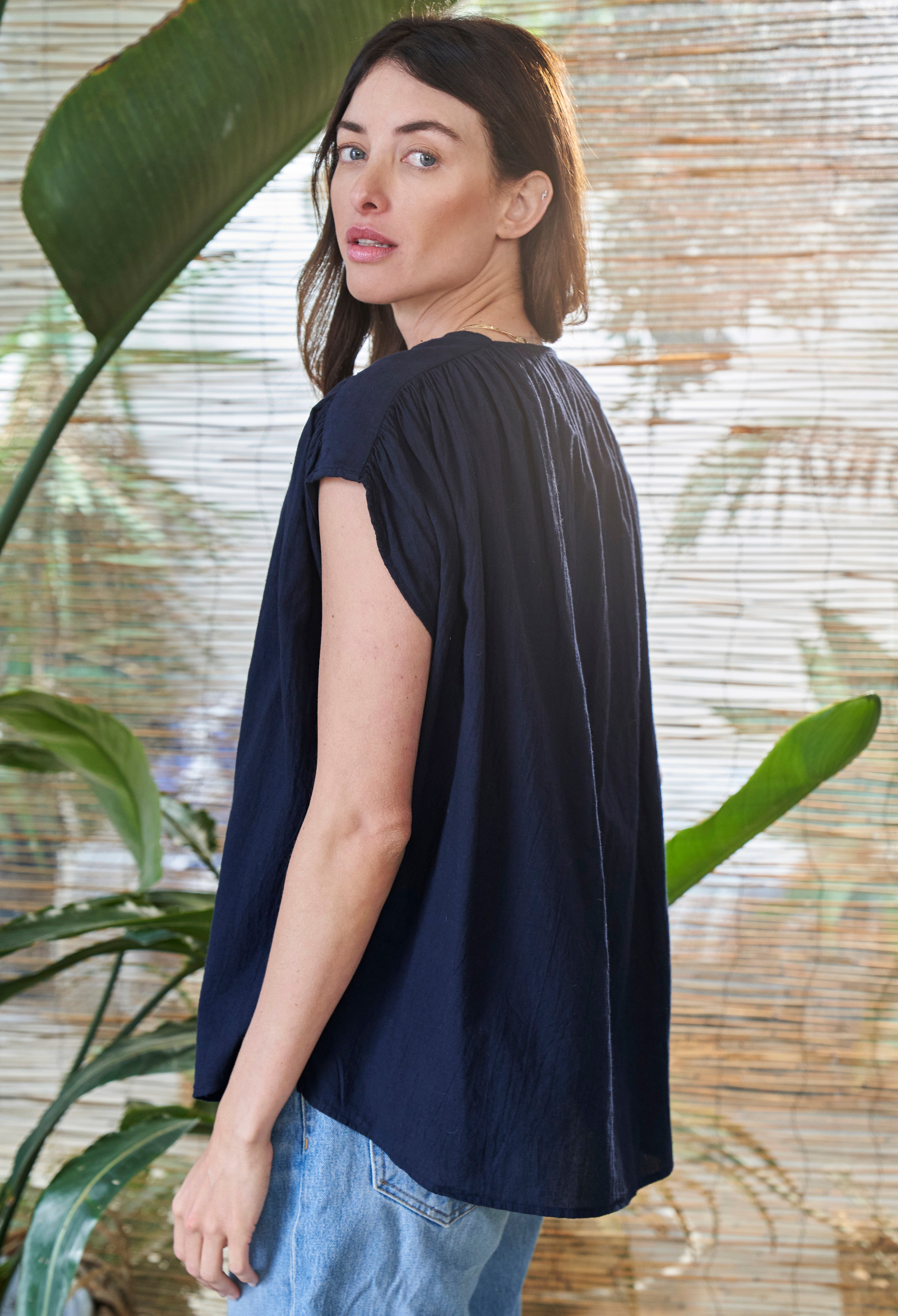 Navy Rouched Shoulder Sleeveless Cotton Top