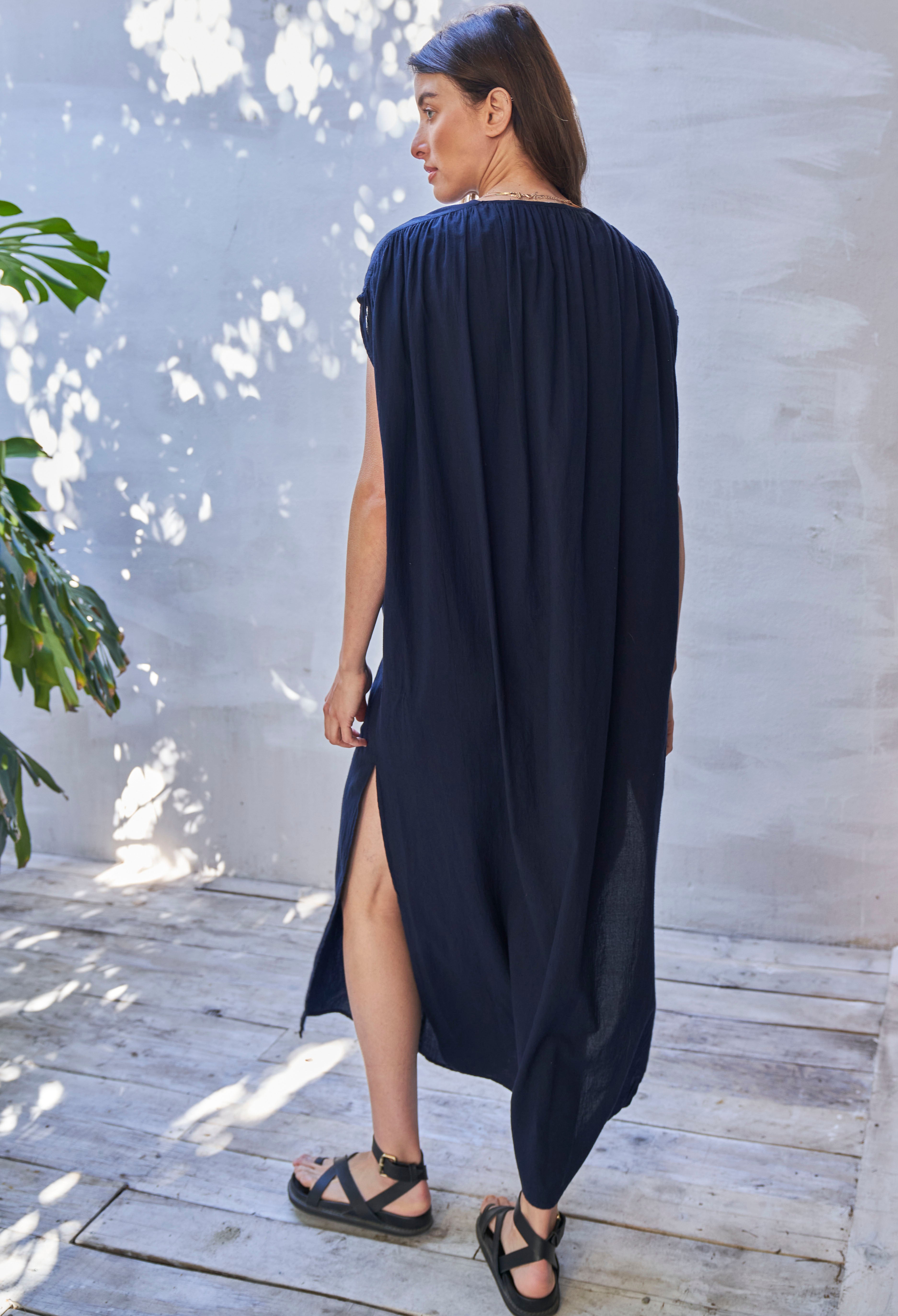 Navy Sleeveless Long Rouched Shoulder Maxi Cotton Tunic
