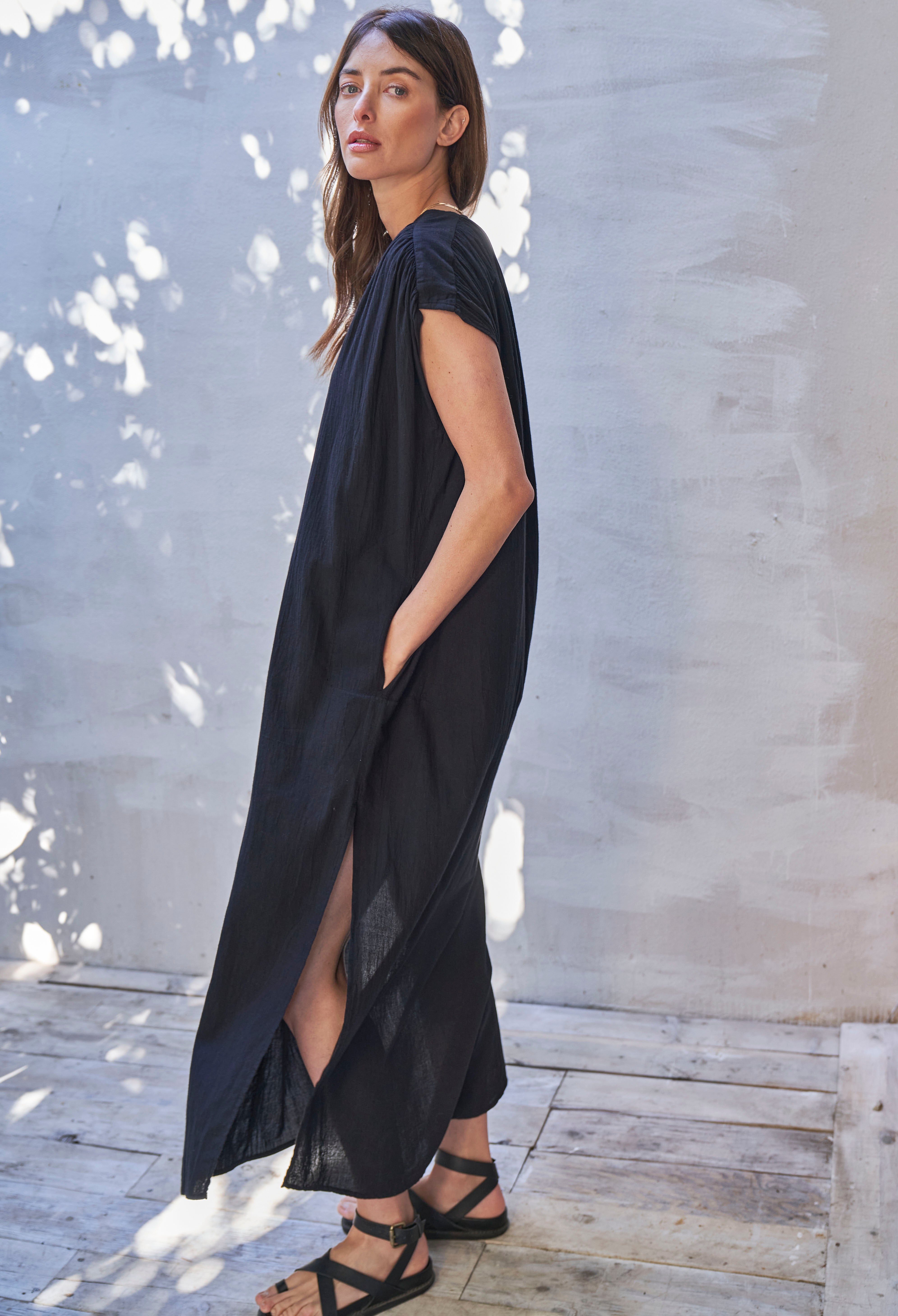 Black Sleeveless Long Rouched Shoulder Maxi Cotton Tunic