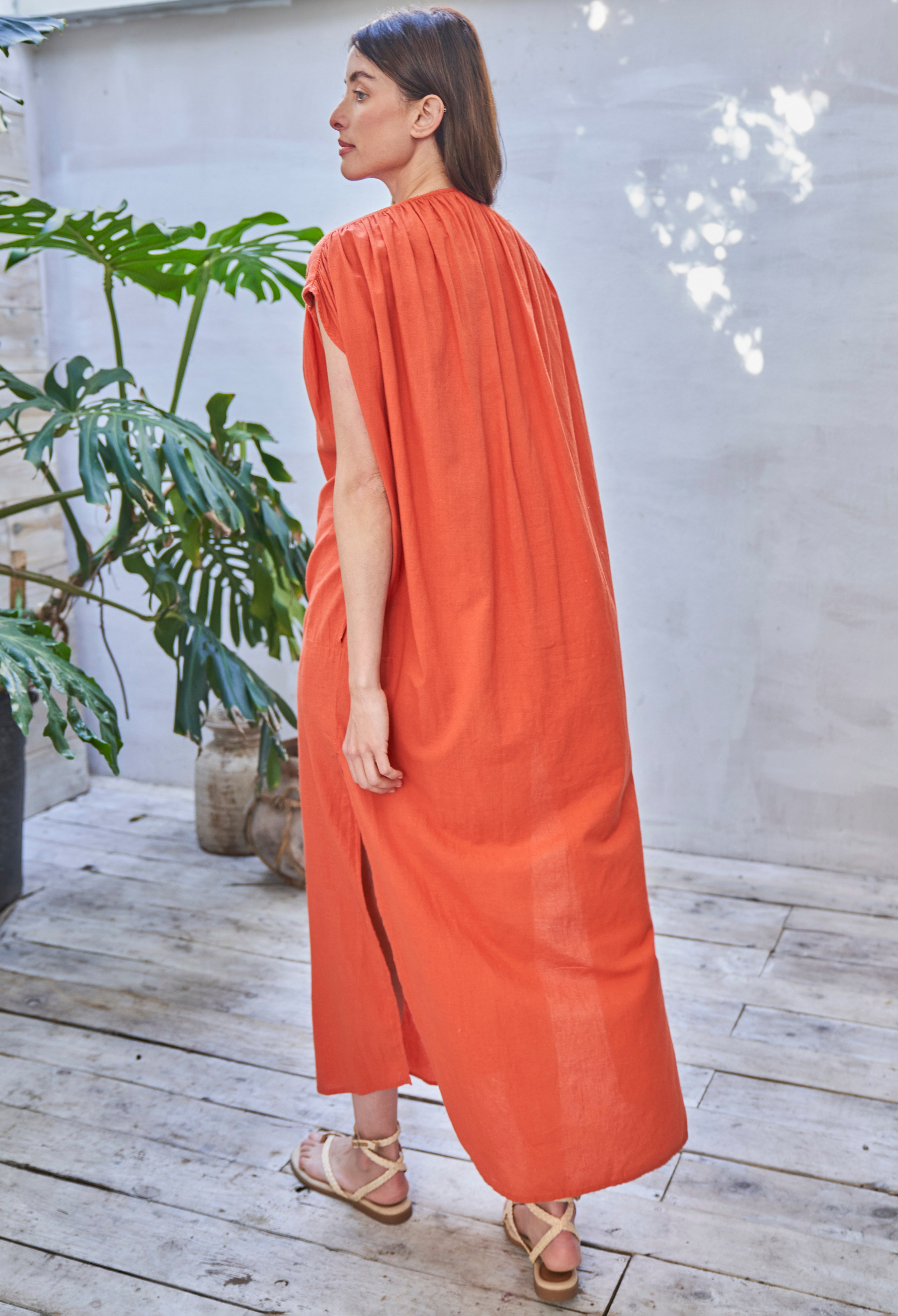 Saffron Sleeveless Long Rouched Shoulder Maxi Cotton Tunic