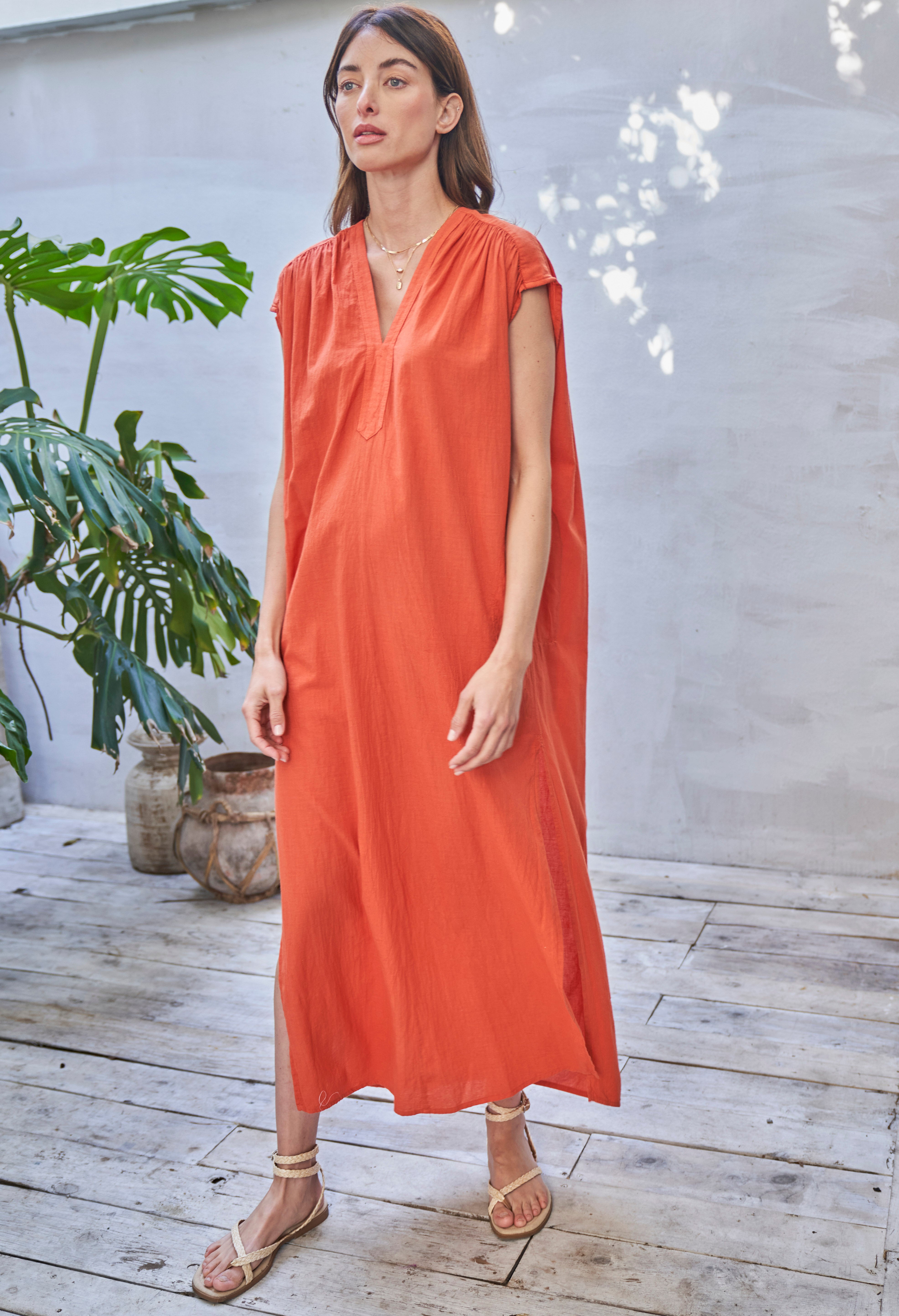 Saffron Sleeveless Long Rouched Shoulder Maxi Cotton Tunic