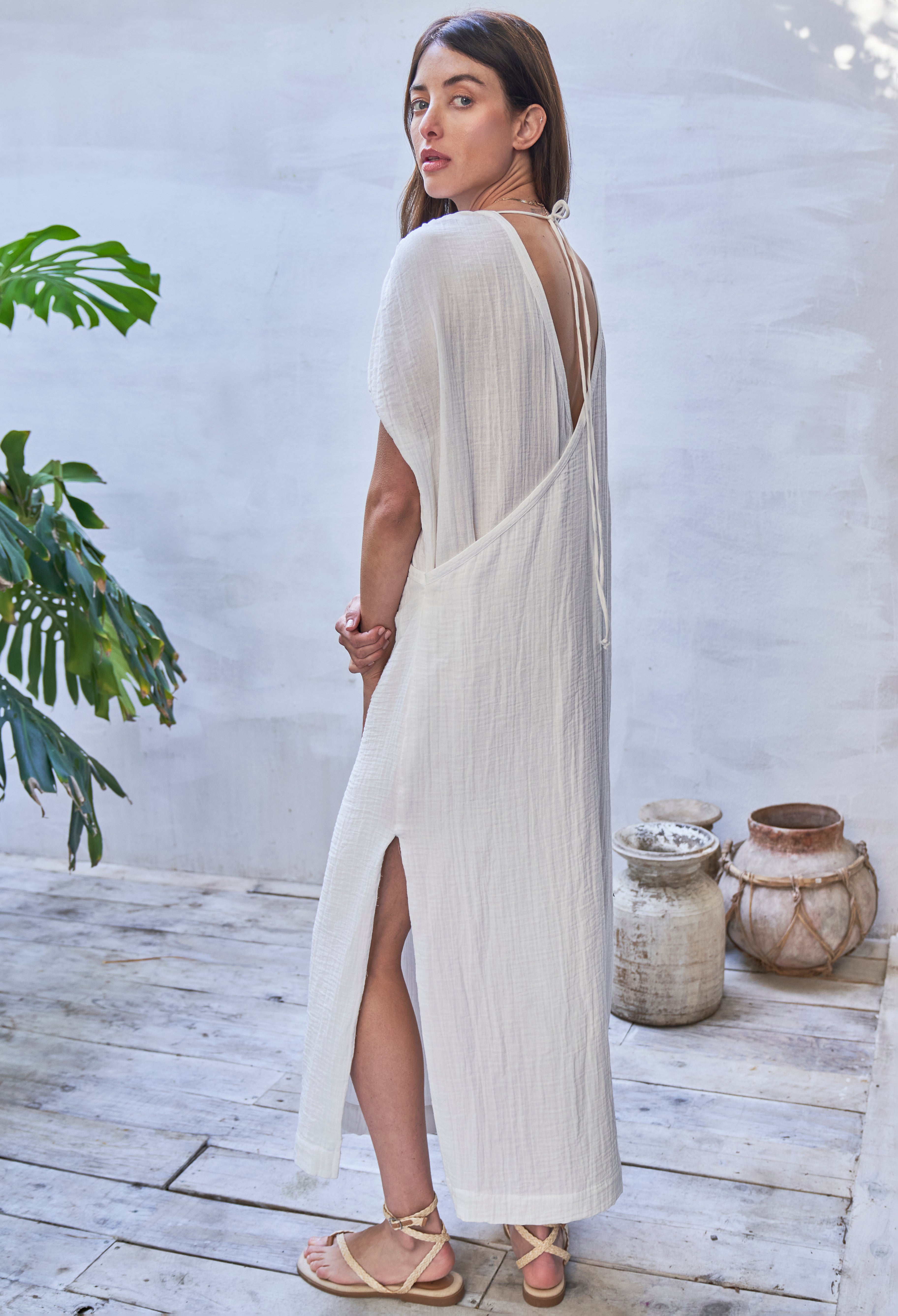 Ivory Gathered Shoulder Tie Back Long Tunic