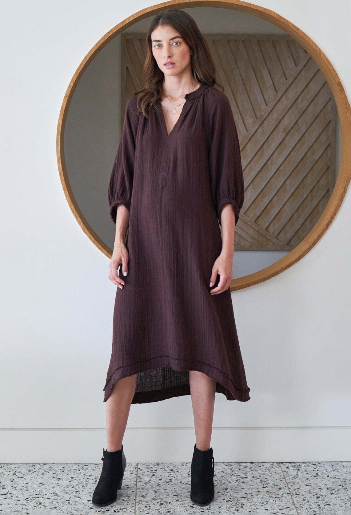 Chocolate Brown Gauze Dress with Pockets