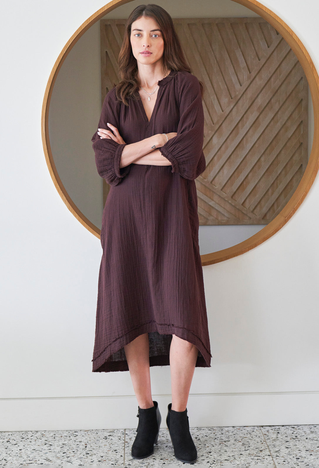 Chocolate Brown Gauze Dress with Pockets
