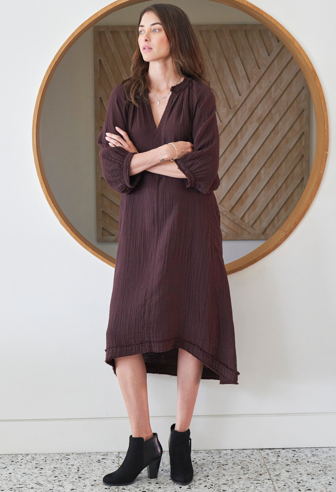 Chocolate Brown Gauze Dress with Pockets