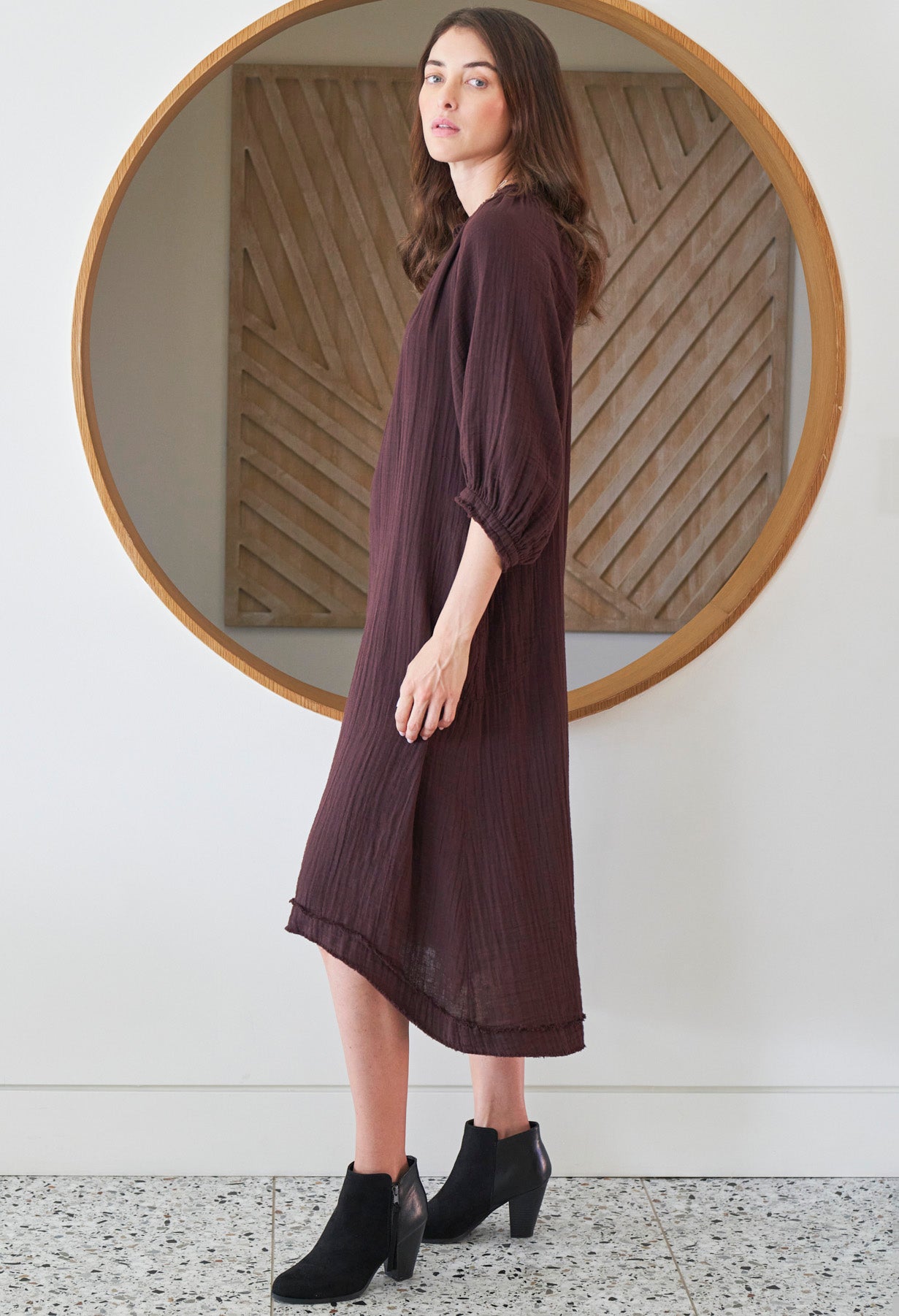 Chocolate Brown Gauze Dress with Pockets