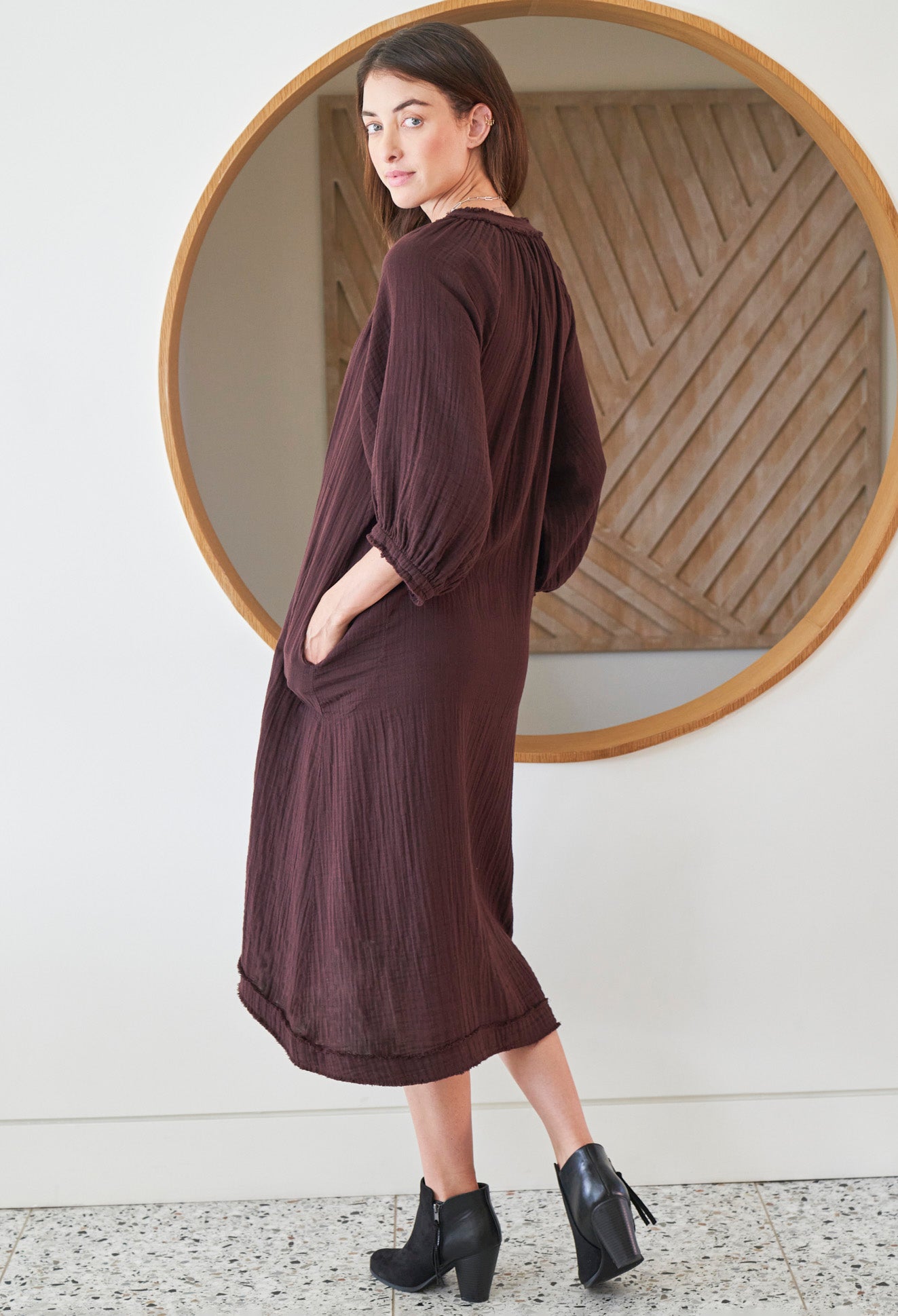 Chocolate Brown Gauze Dress with Pockets