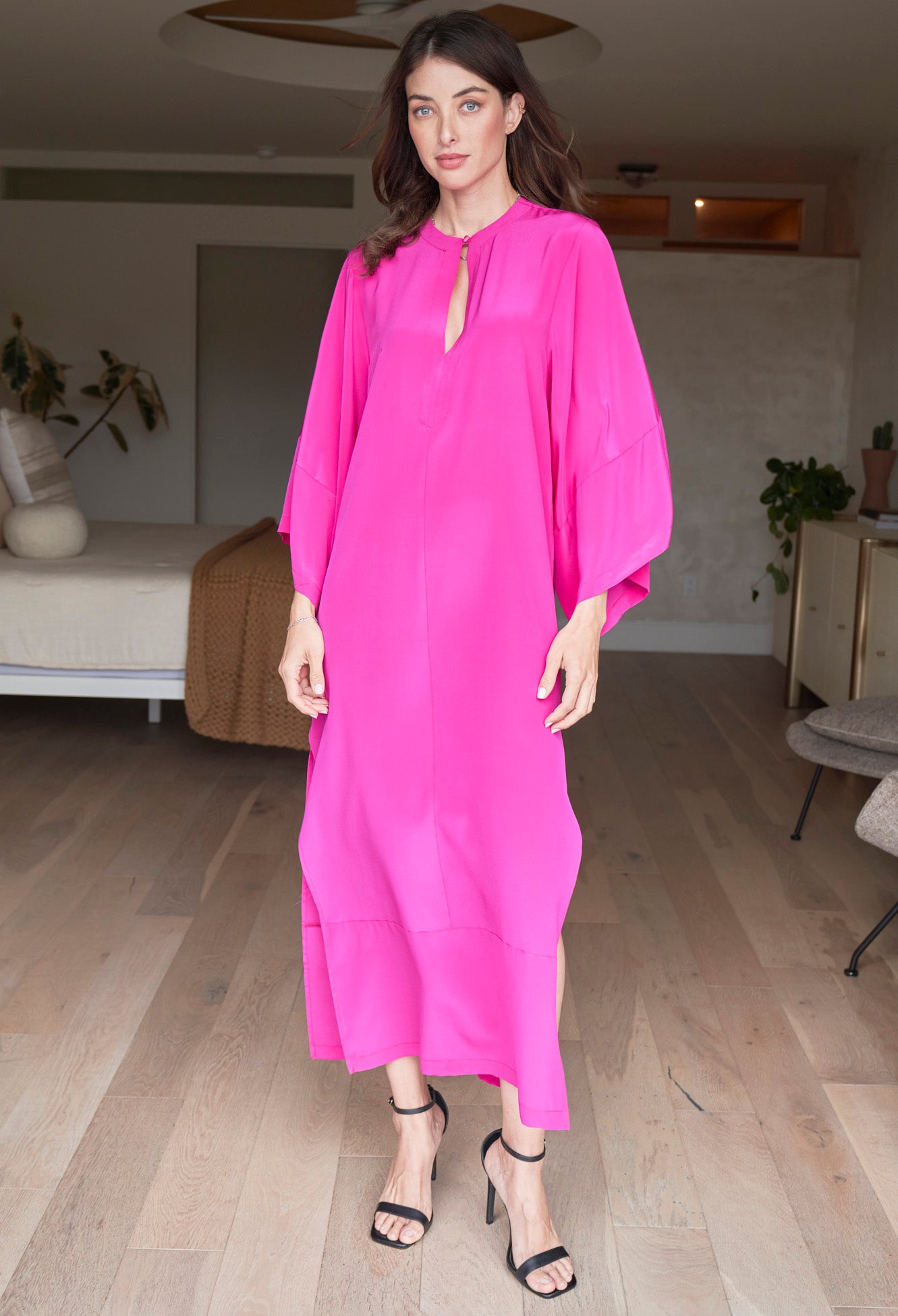 Kimono Sleeve Silk Tunic Dress with Keyhole Neckline - Fuchsia
