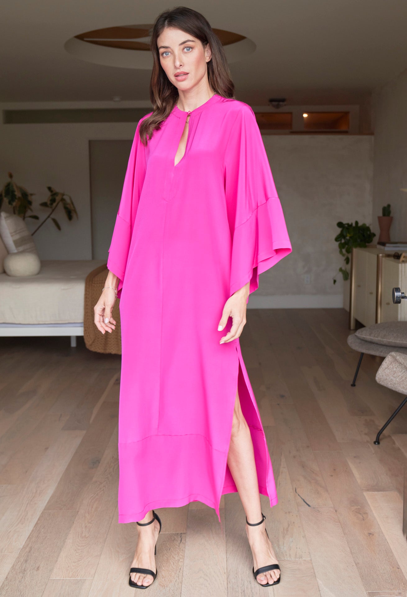 Kimono Sleeve Silk Tunic Dress with Keyhole Neckline - Fuchsia