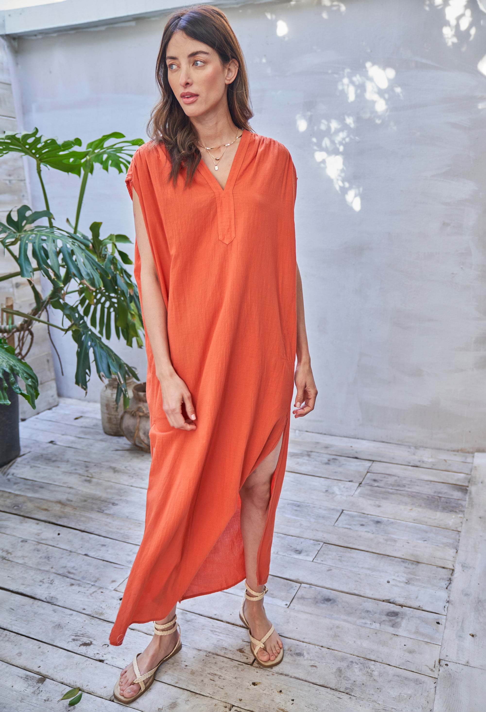 Saffron Sleeveless Long Rouched Shoulder Maxi Cotton Tunic