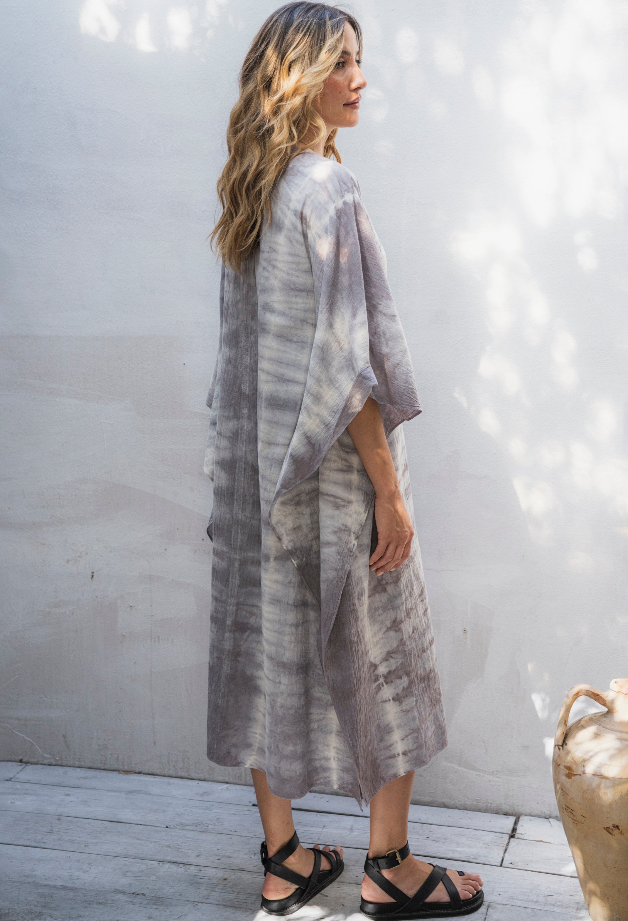 Grey and Ivory Tie Dye Cotton Midi Caftan