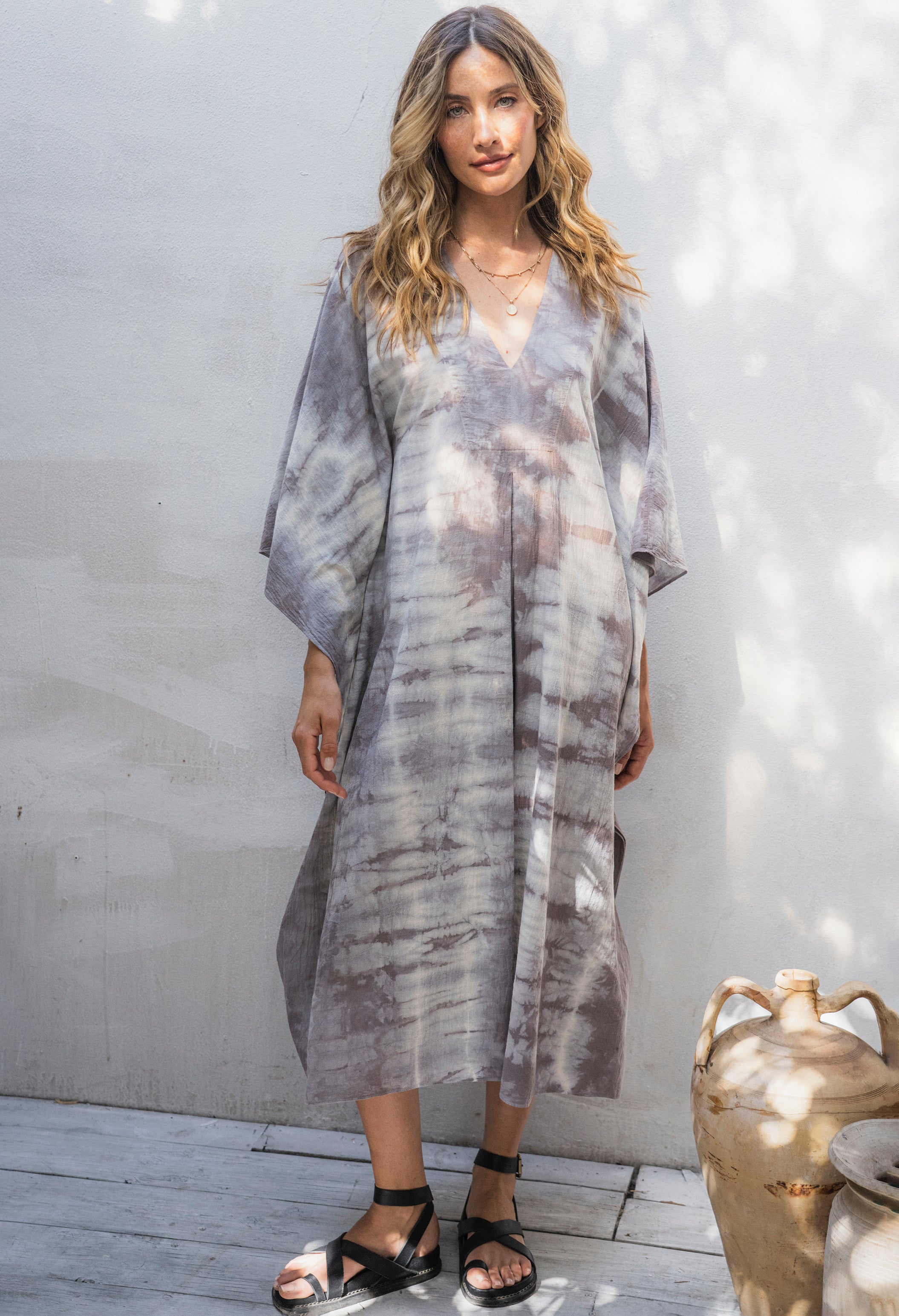 Grey and Ivory Tie Dye Cotton Midi Caftan
