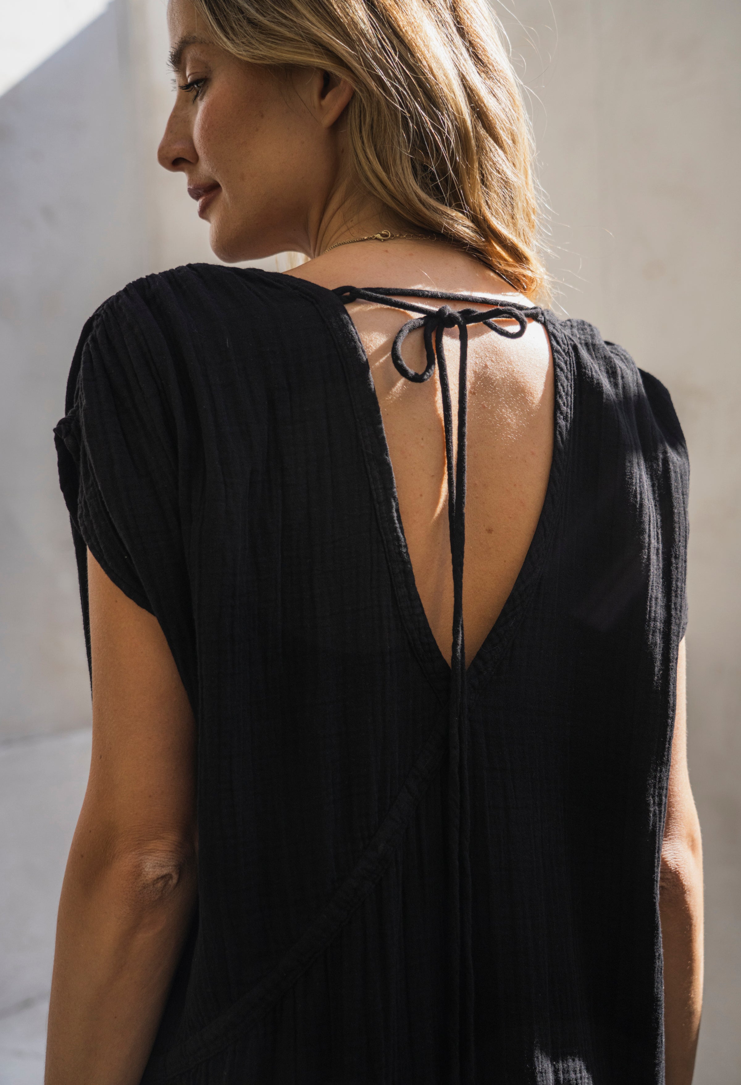 Black Gathered Shoulder Tie Back Long Tunic