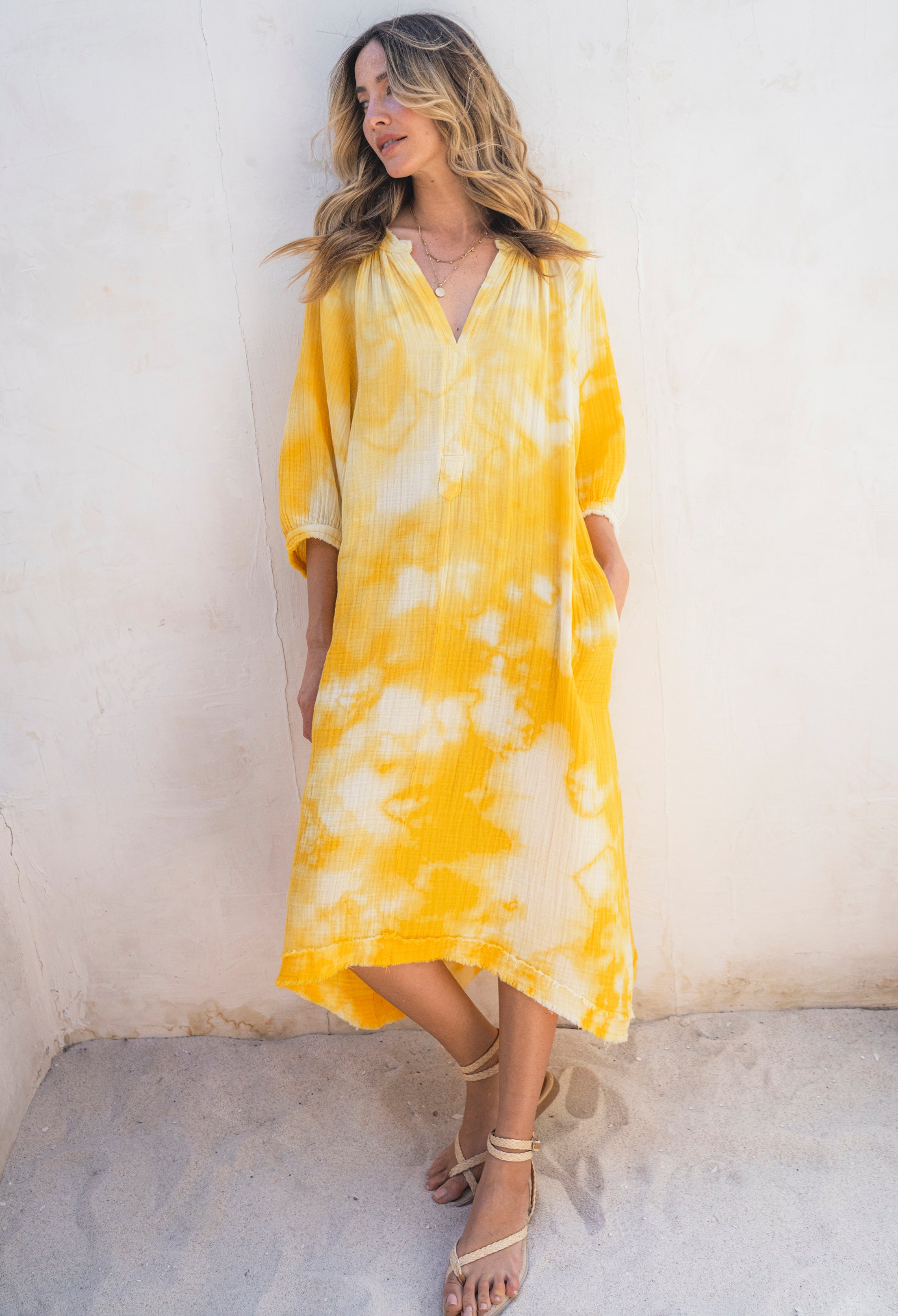 Sunflower Tie Dye Gauze Dress with Pockets