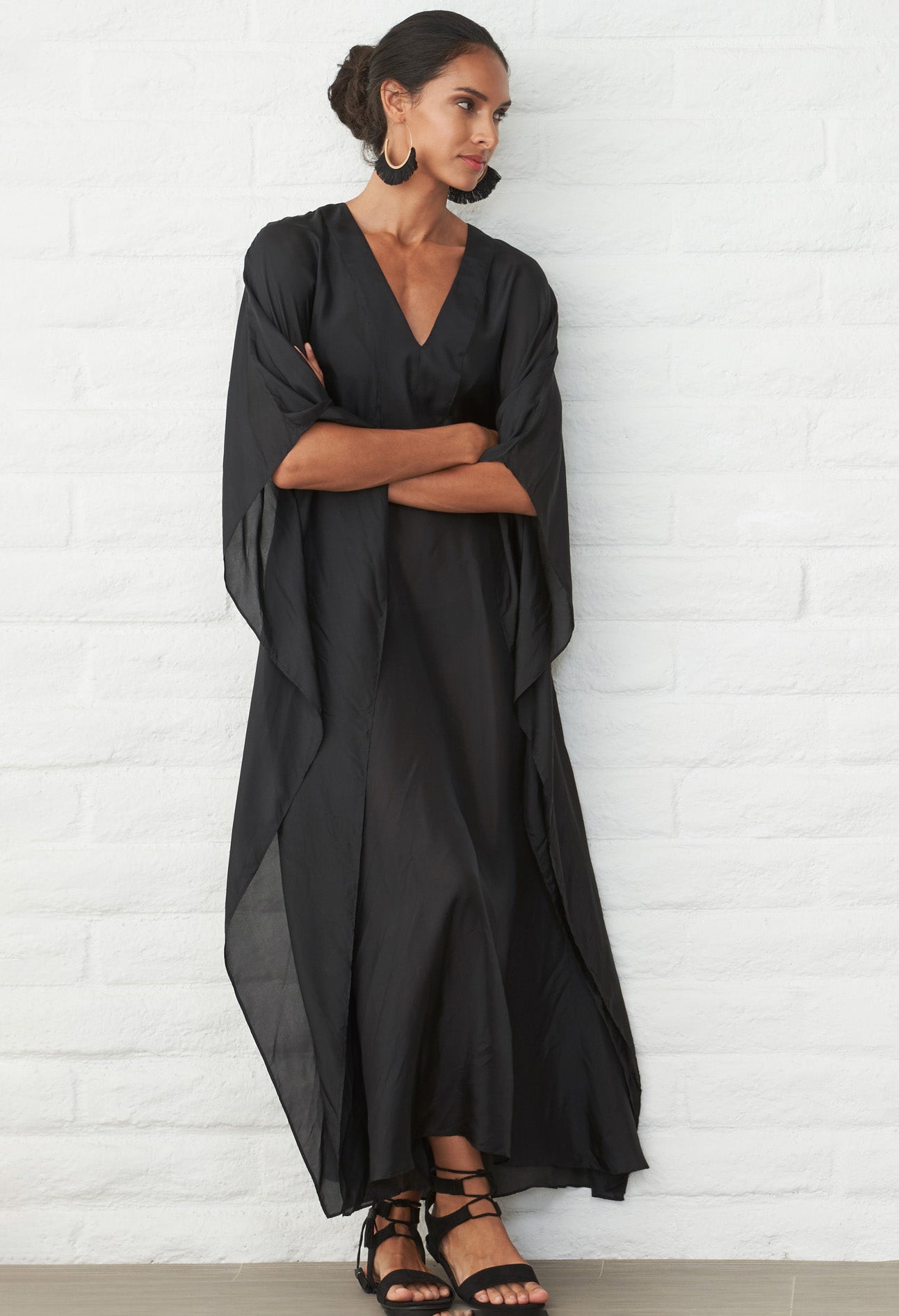 Black Silk V-Neck Placket Long Caftan