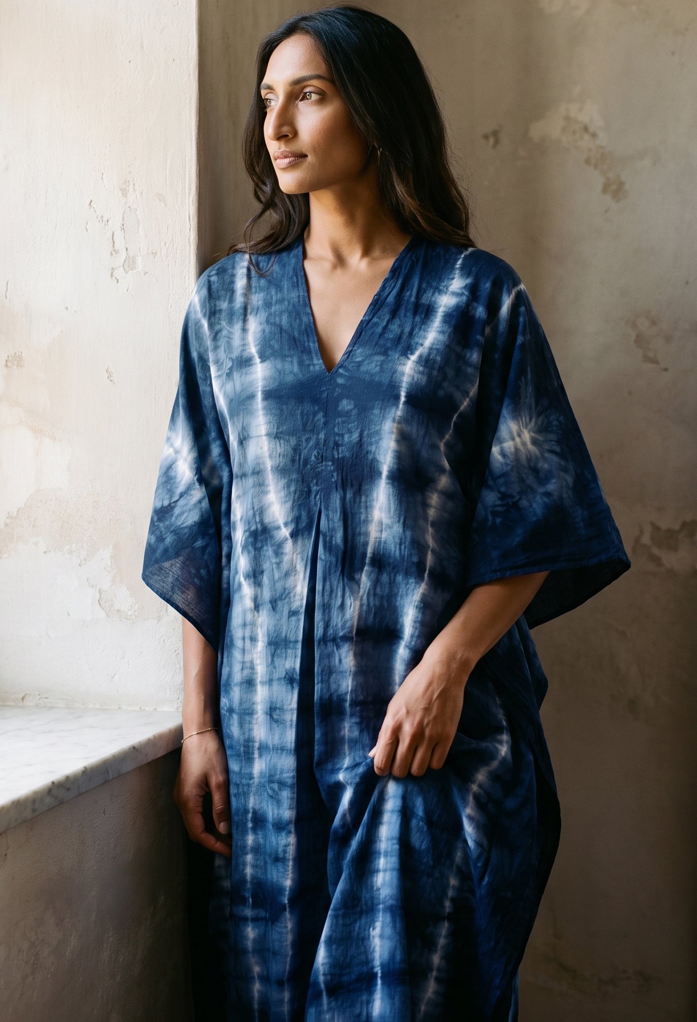 Long Navy Tie Dye Maxi Cotton Classic Caftan