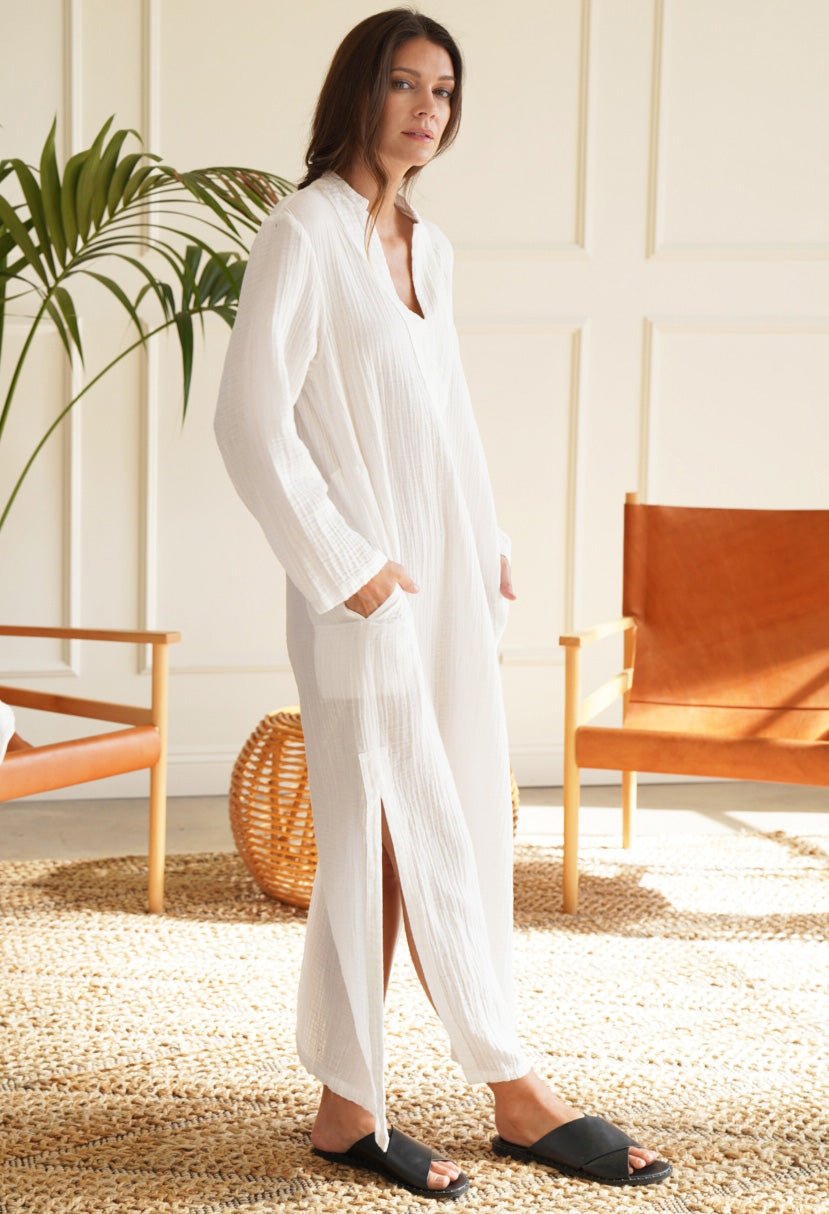 Double Gauze Mandarin Collar Tunic in White - Sale - ocean+main