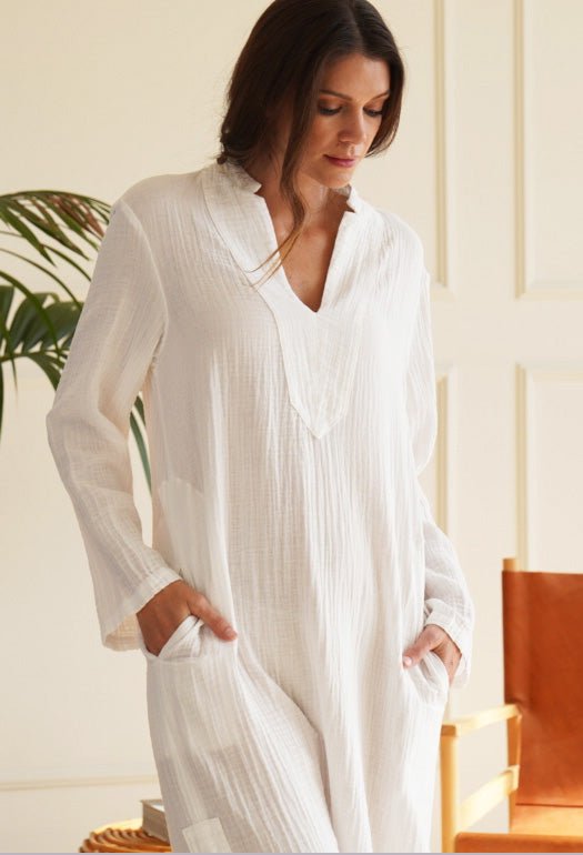 Double Gauze Mandarin Collar Tunic in White - Sale - ocean+main