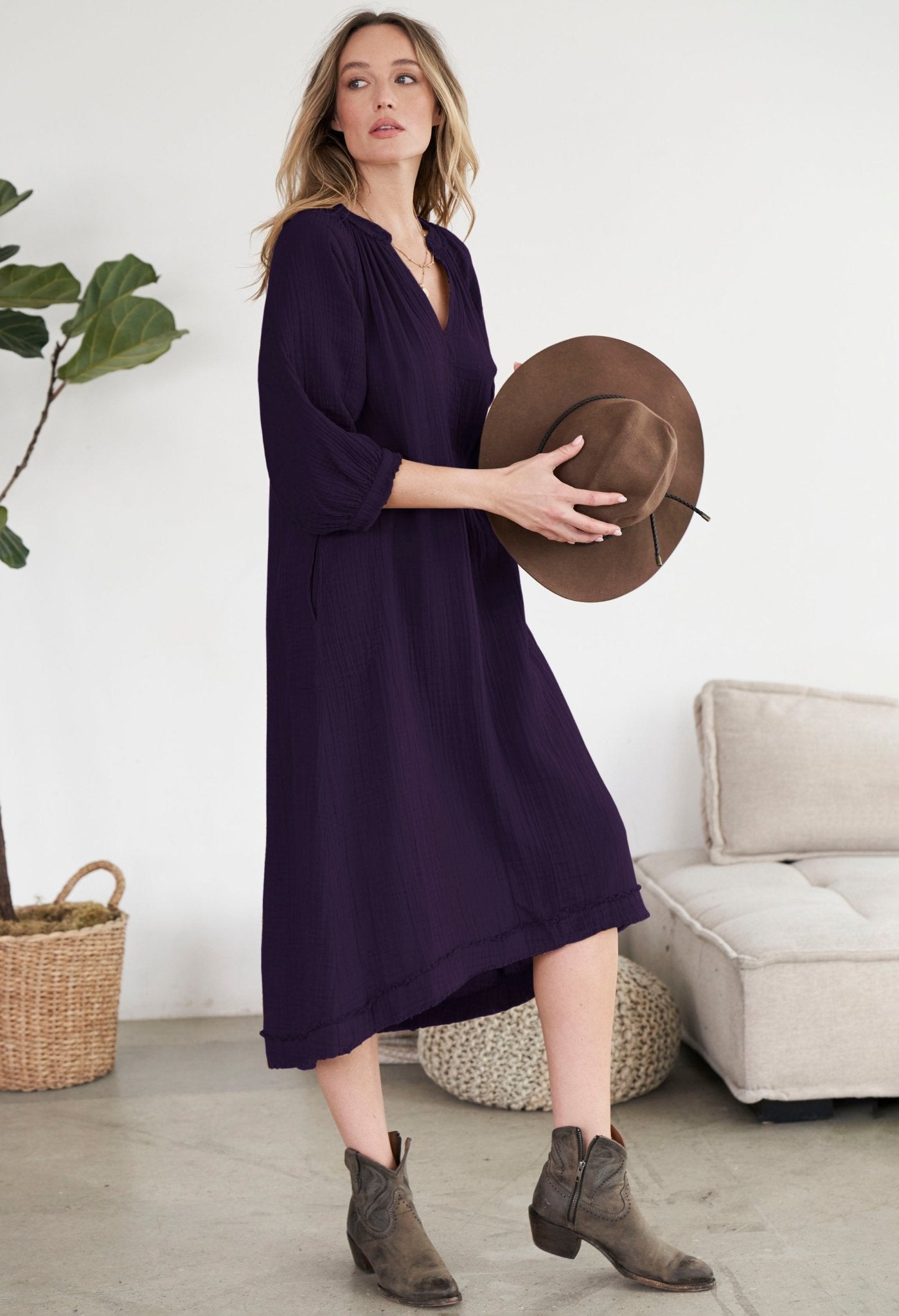 Eggplant Cotton Gauze Dress with Pockets - ocean+main