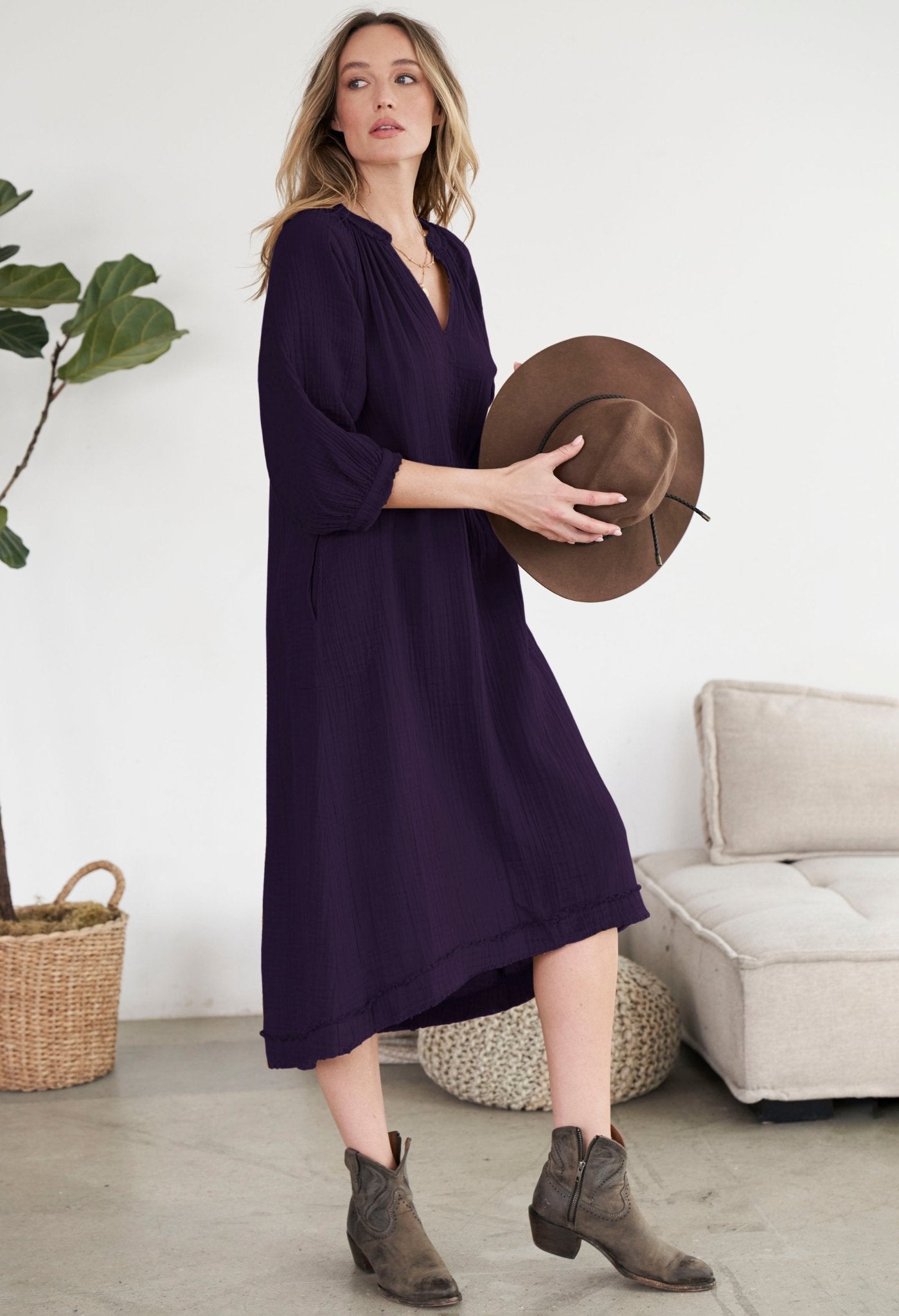 Aubergine Cotton Gauze Dress with Pockets