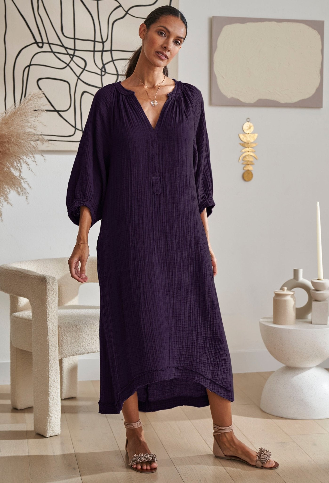 Eggplant Cotton Gauze Dress with Pockets - ocean+main