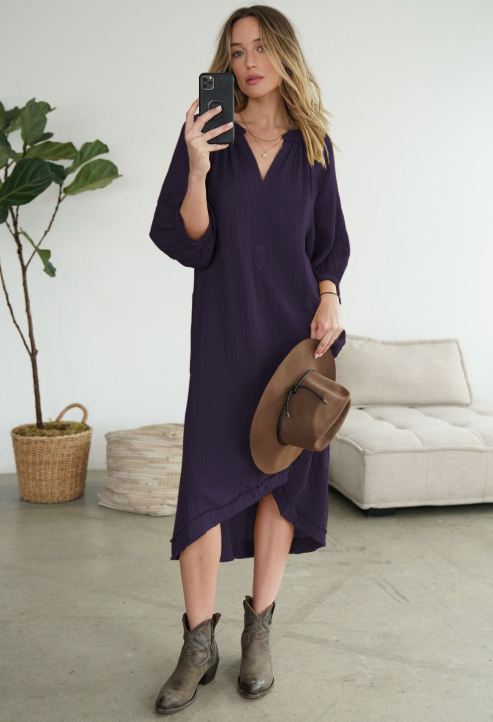 Eggplant Cotton Gauze Dress with Pockets - ocean+main