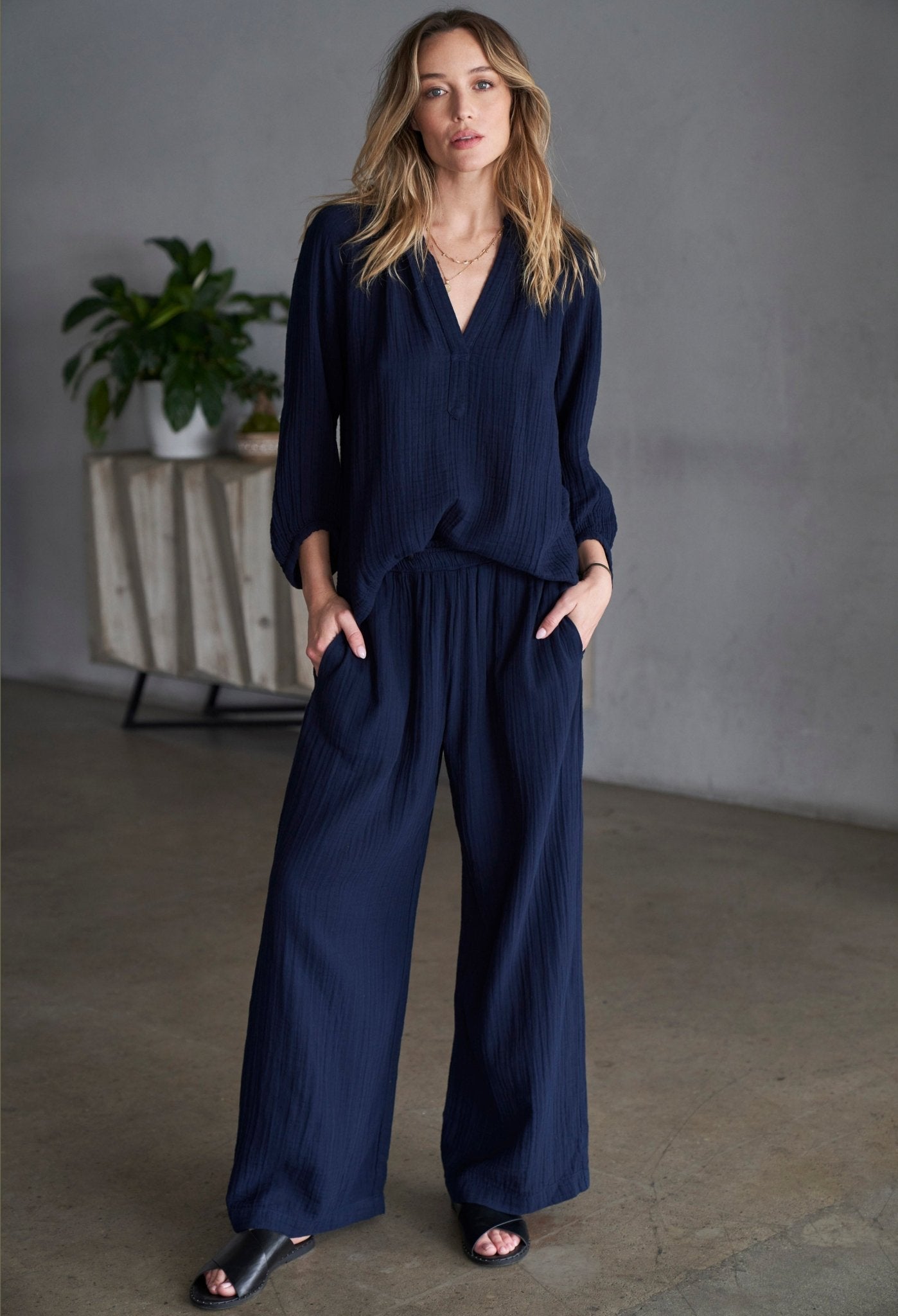 FEW LEFT! Navy Gauze Palazzo Pant WITHOUT Satin Belt - Sale - ocean+main