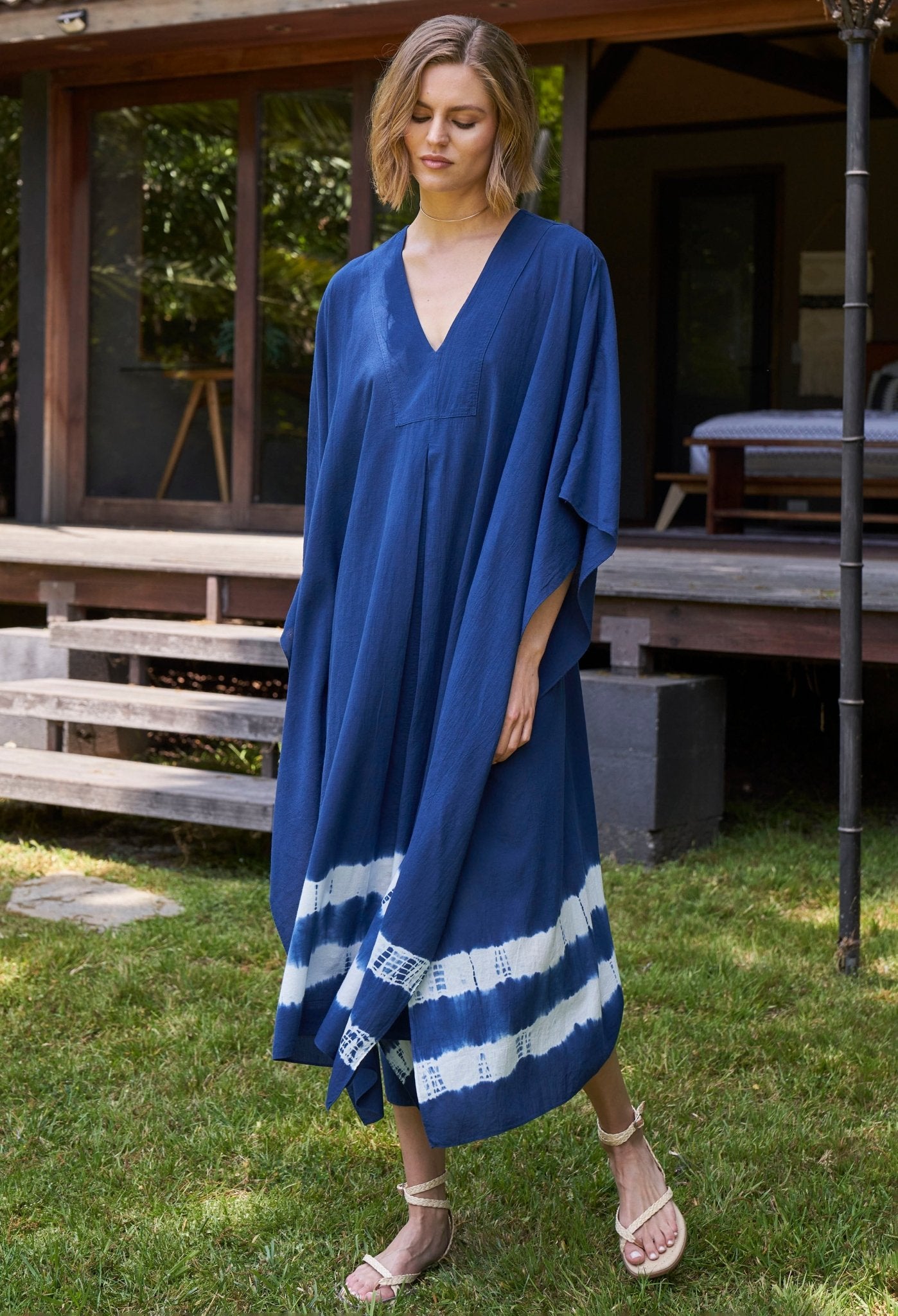 Indigo Tie Dye Cotton Midi Caftan - ocean+main