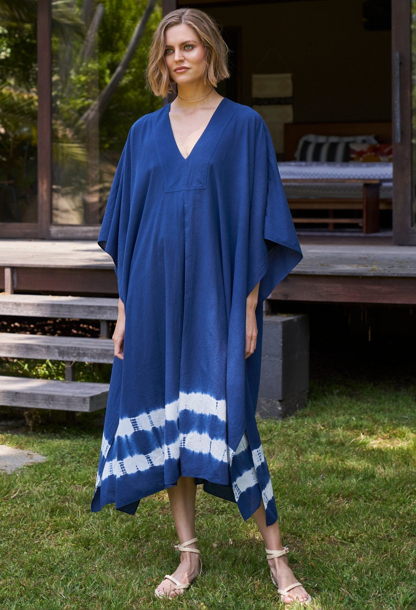 Indigo Tie Dye Cotton Midi Caftan - ocean+main