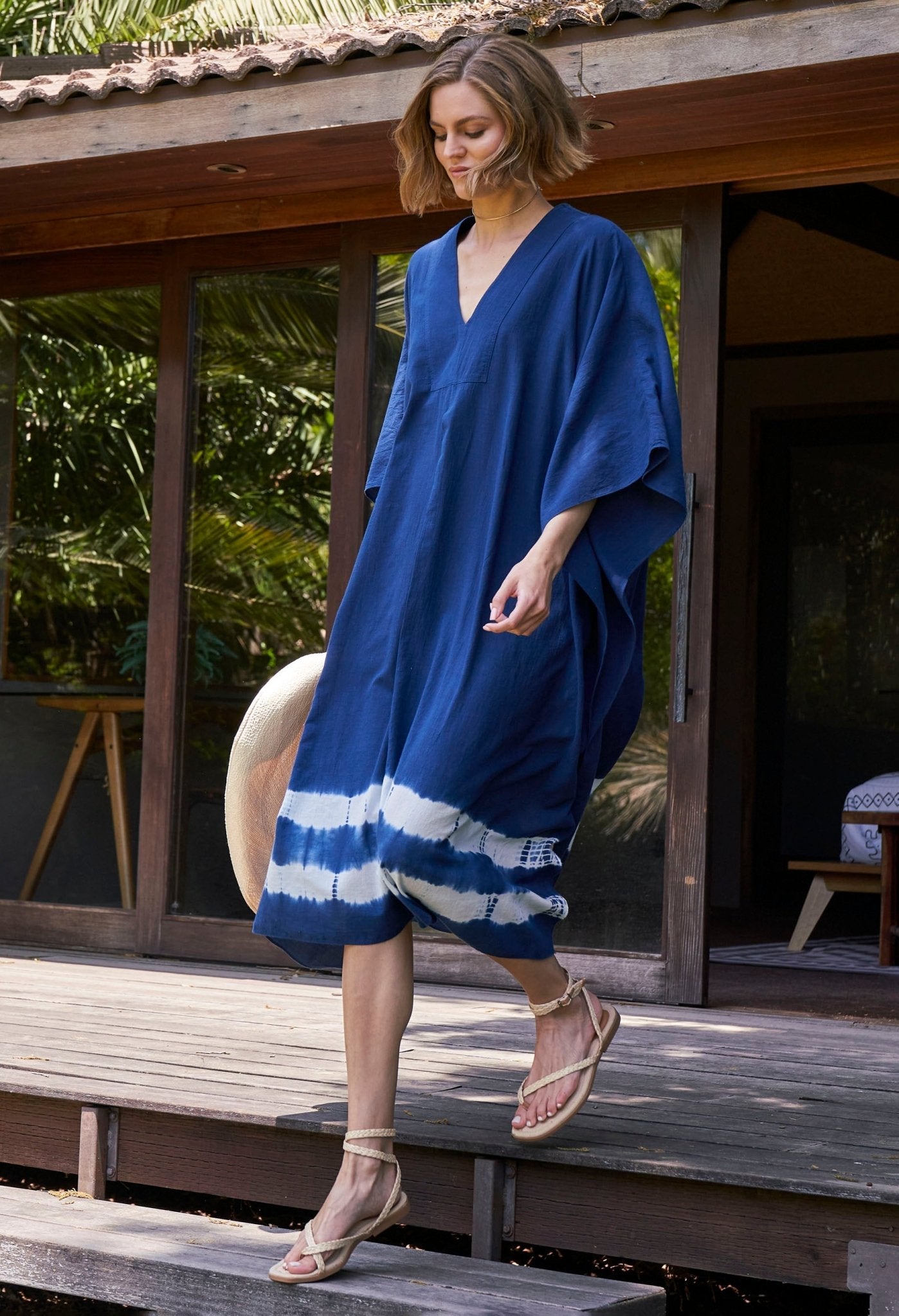 Indigo Tie Dye Cotton Midi Caftan - ocean+main