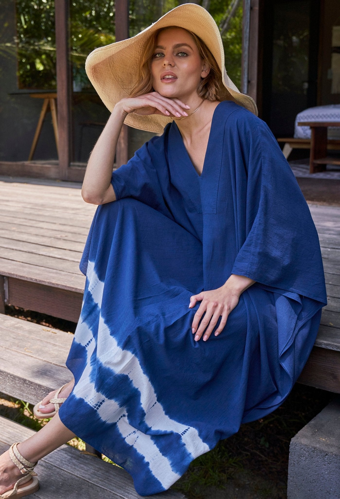 Indigo Tie Dye Cotton Midi Caftan - ocean+main