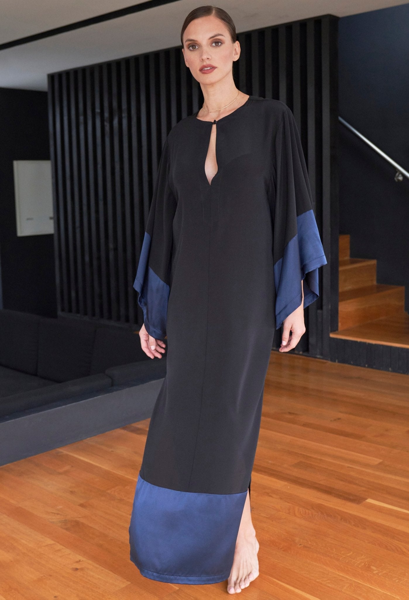 Kimono Sleeve Silk Tunic Dress with Keyhole Neckline - Black and Navy - ocean+main