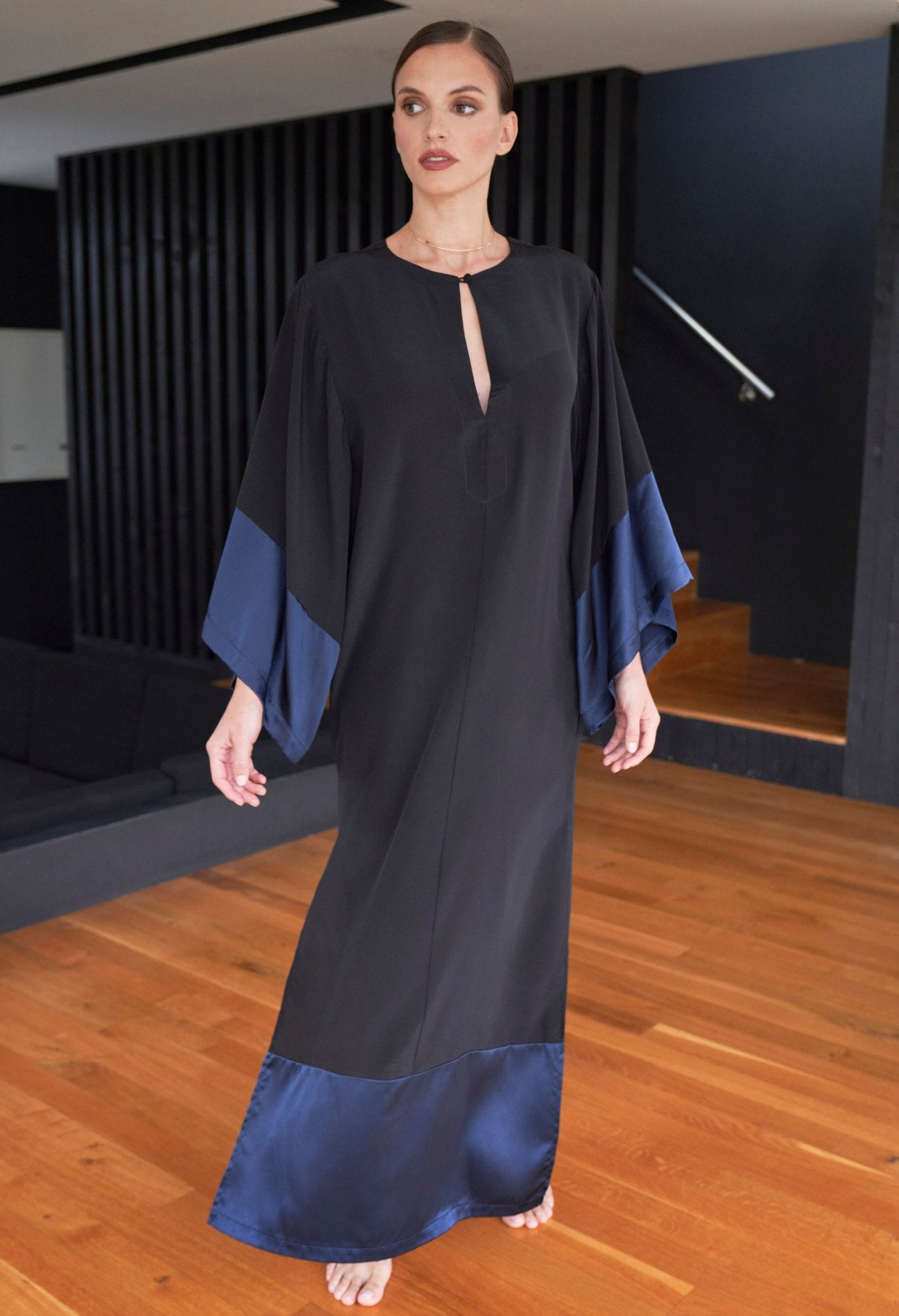 Kimono Sleeve Silk Tunic Dress with Keyhole Neckline - Black and Navy - ocean+main