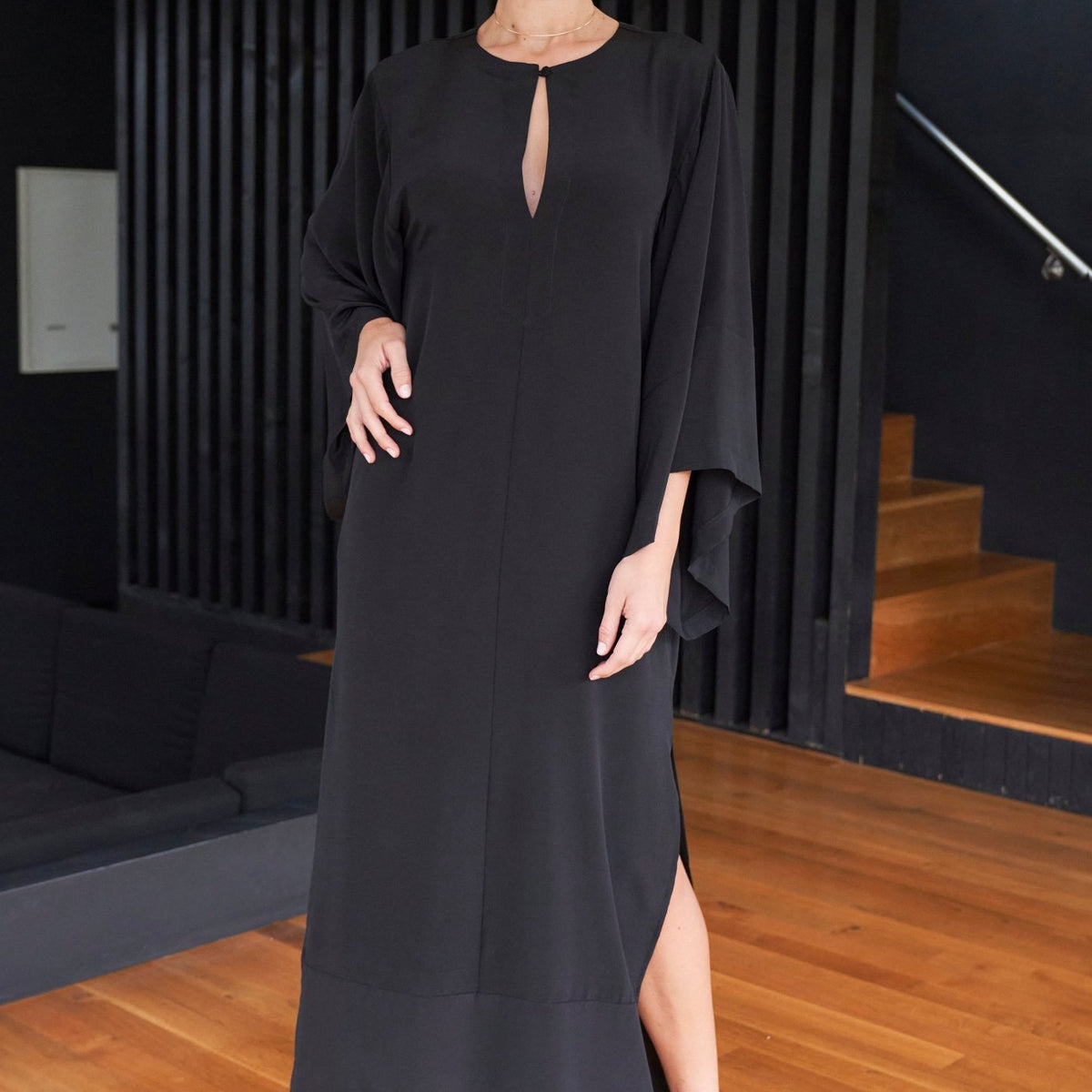 Ocean+Main | Olivia Long Black Silk Caftan - Women's V Neck Silk Dress 2X