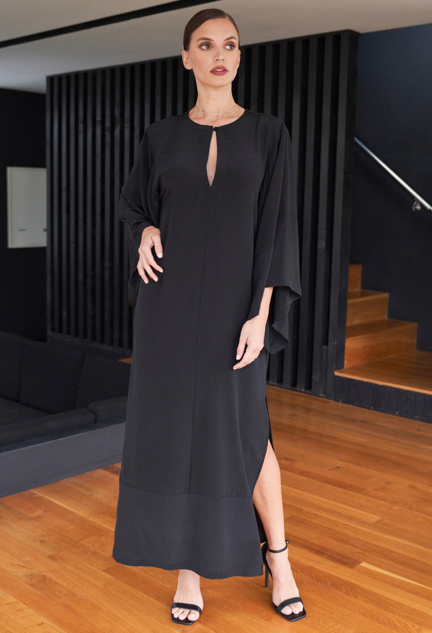 Kimono Sleeve Silk Tunic Dress with Keyhole neckline - Black - ocean+main