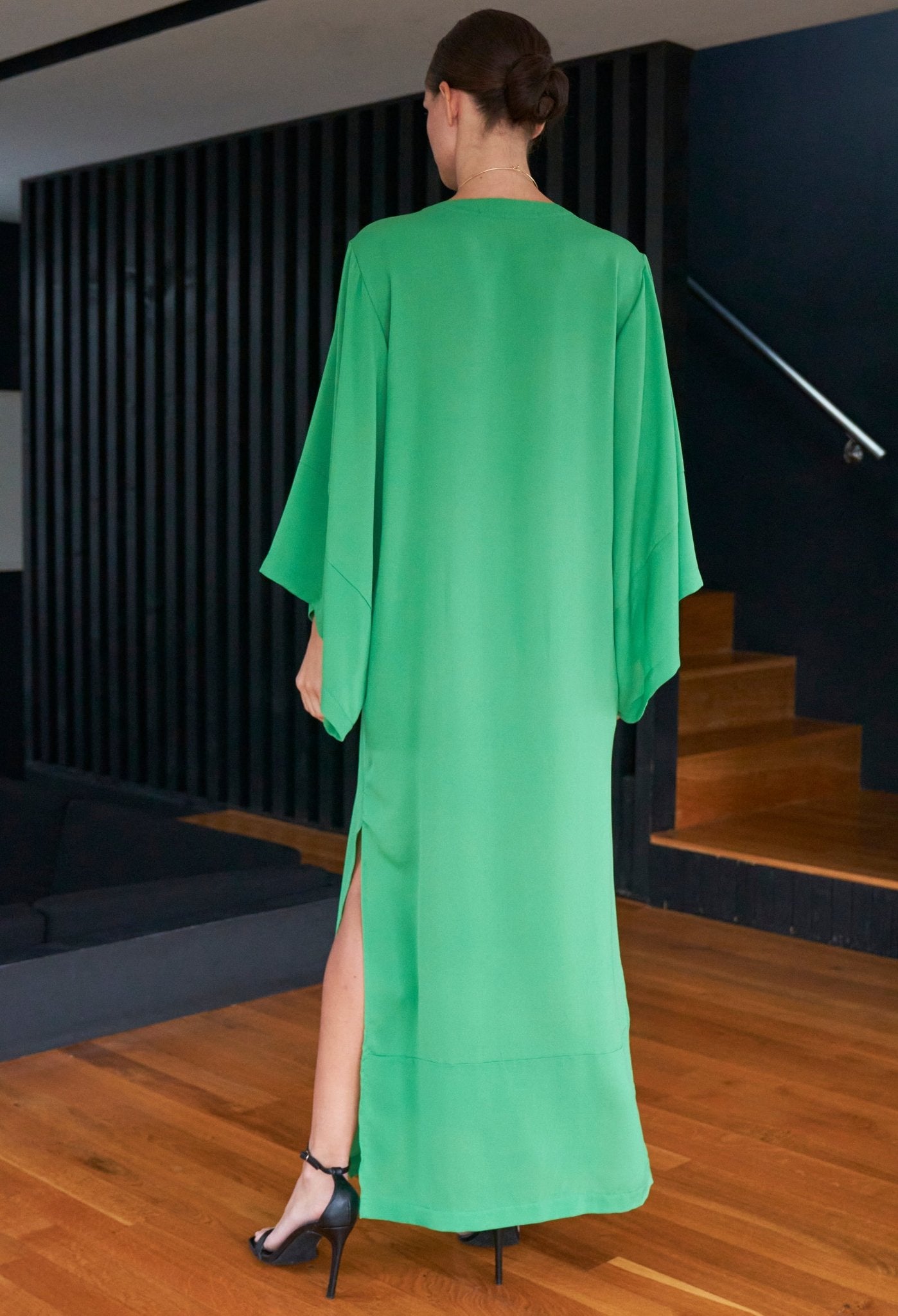 Kimono Sleeve Silk Tunic Dress with Keyhole Neckline - Green - ocean+main