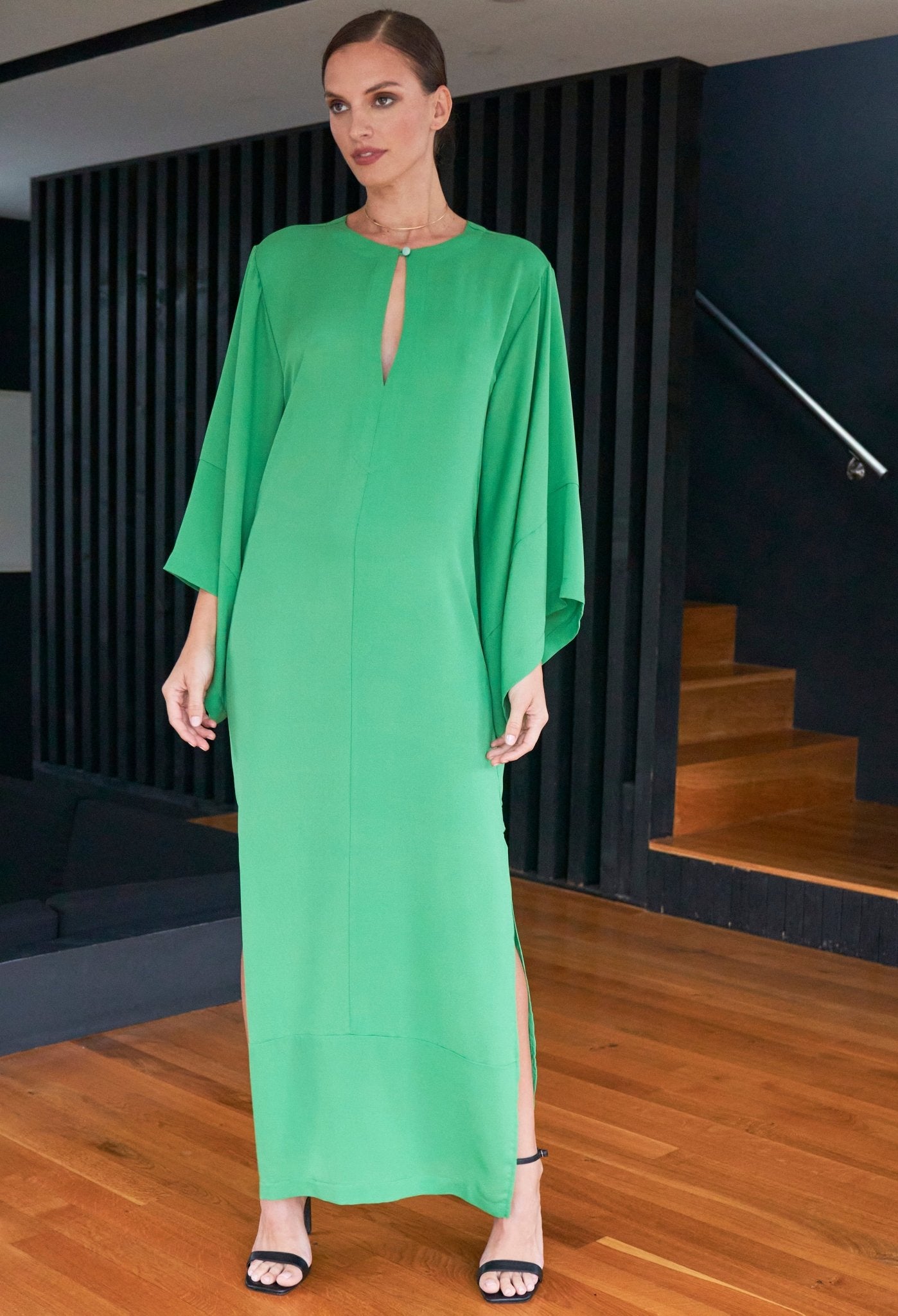 Kimono Sleeve Silk Tunic Dress with Keyhole Neckline - Green - ocean+main