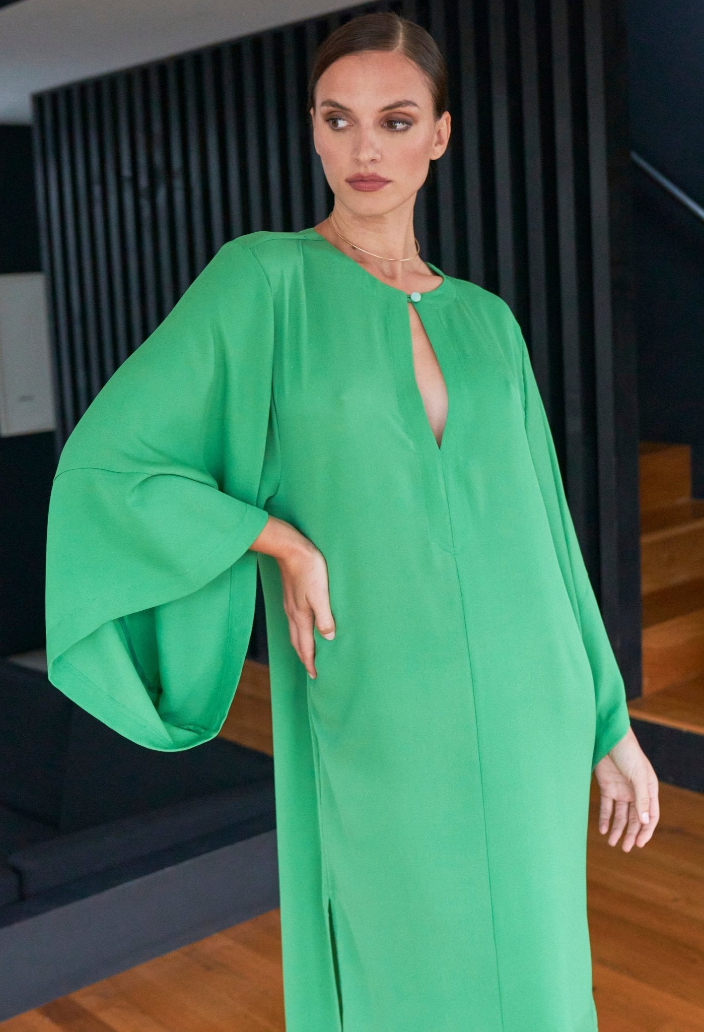 Kimono Sleeve Silk Tunic Dress with Keyhole Neckline - Green - ocean+main