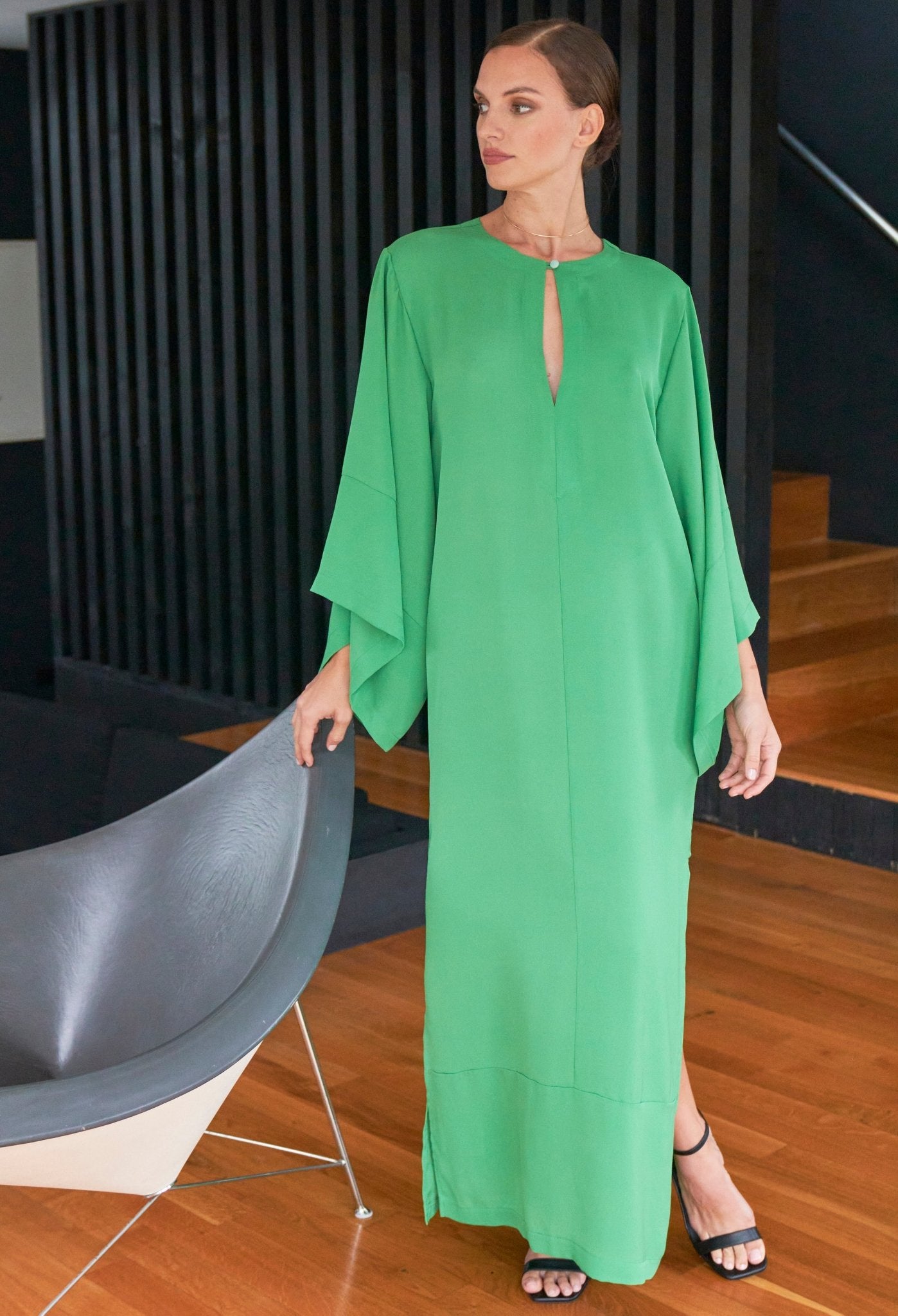 Kimono Sleeve Silk Tunic Dress with Keyhole Neckline - Green - ocean+main