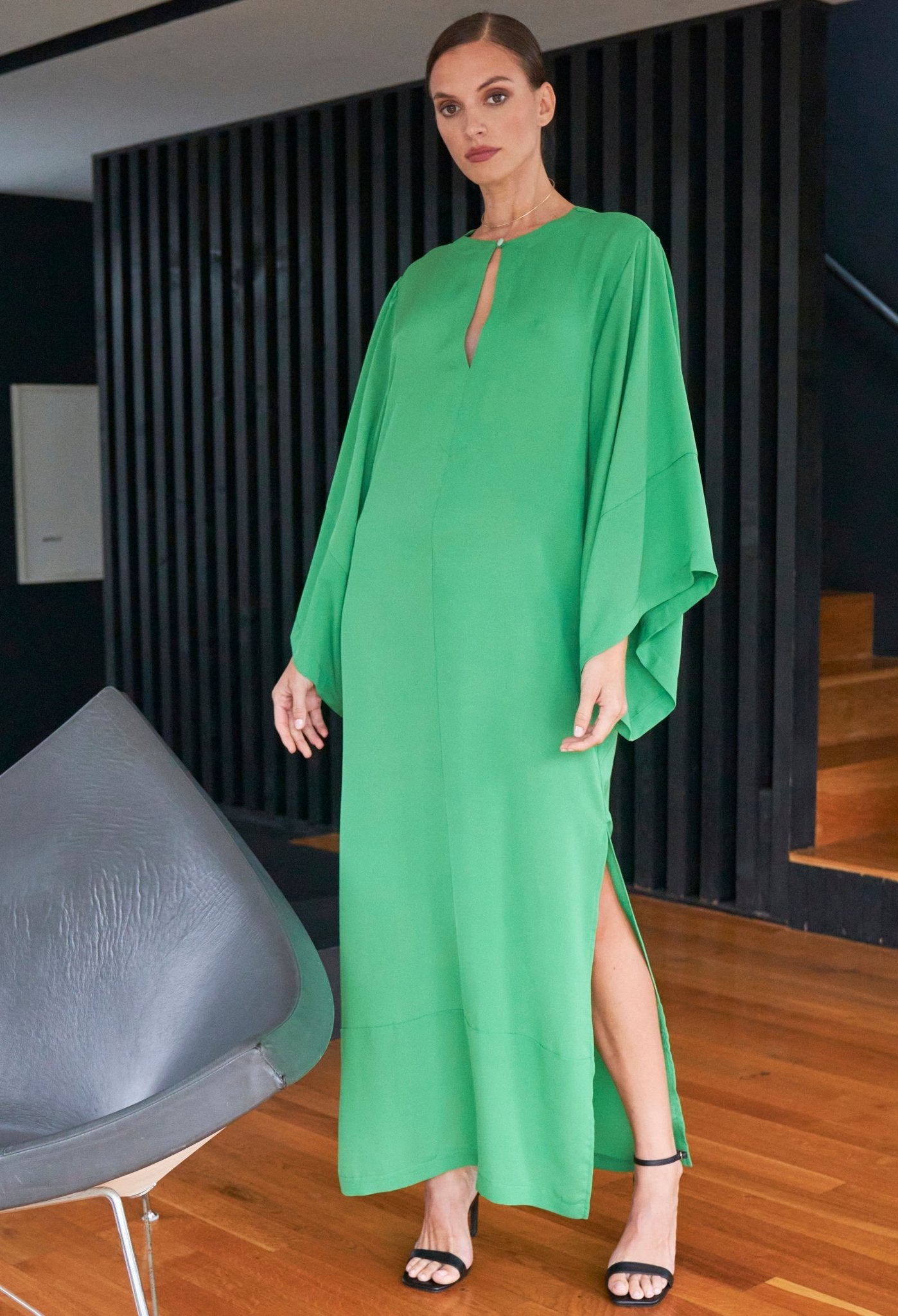 Kimono Sleeve Silk Tunic Dress with Keyhole Neckline - Green - ocean+main