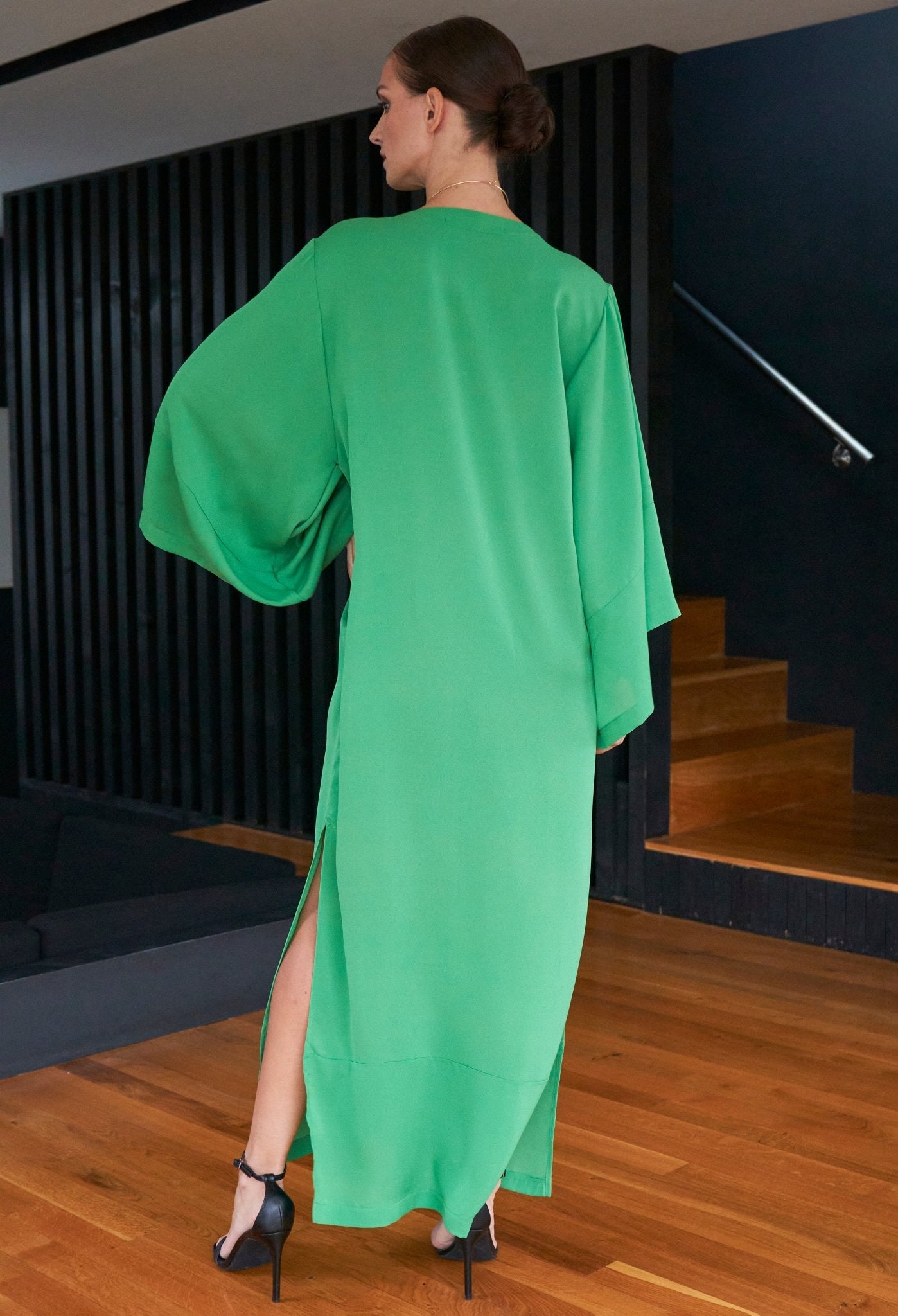 Kimono Sleeve Silk Tunic Dress with Keyhole Neckline - Green - ocean+main