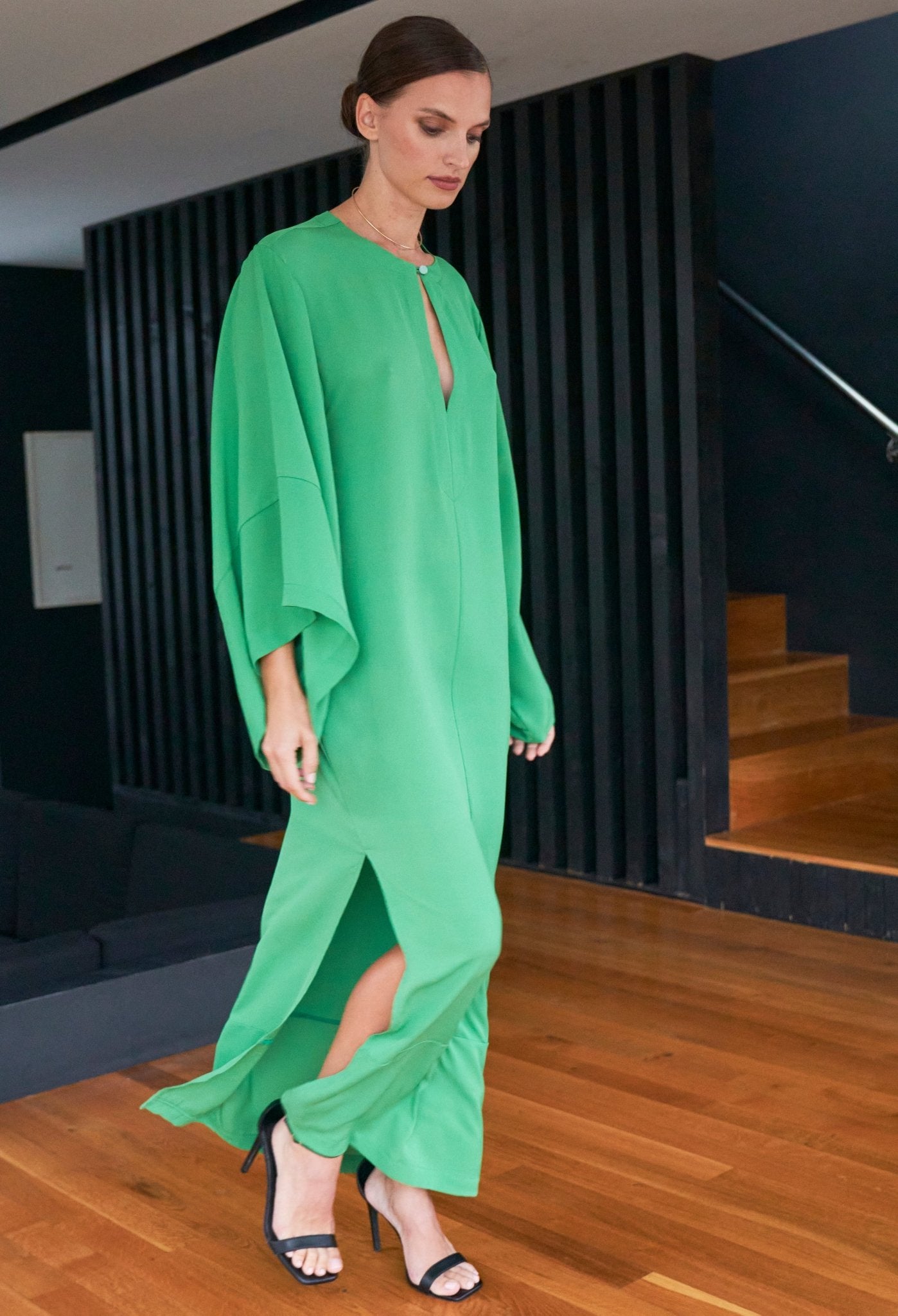 Kimono Sleeve Silk Tunic Dress with Keyhole Neckline - Green - ocean+main