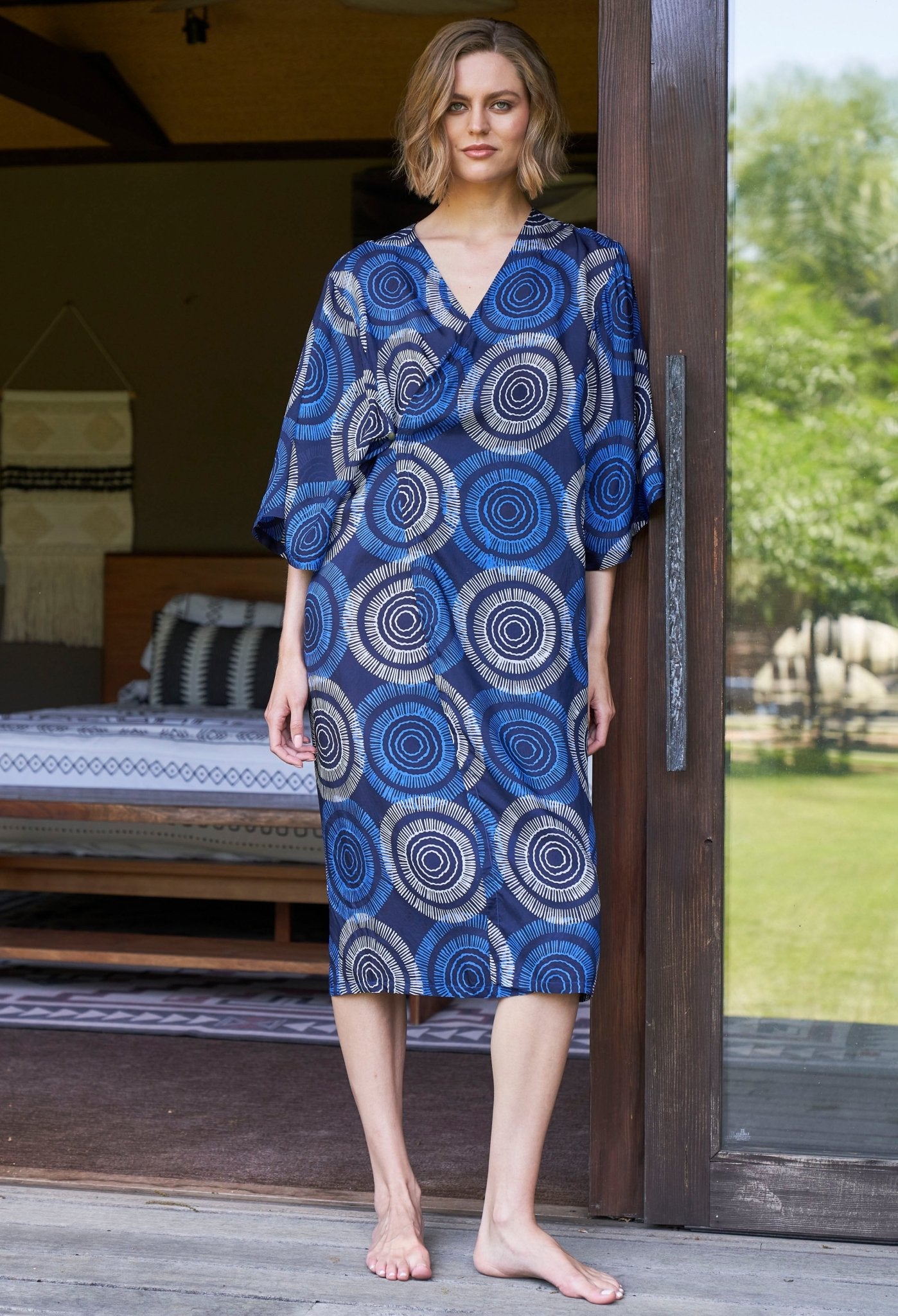 Malaysia Collection: Matahari Print Long Silk Belted Duster - ocean+main