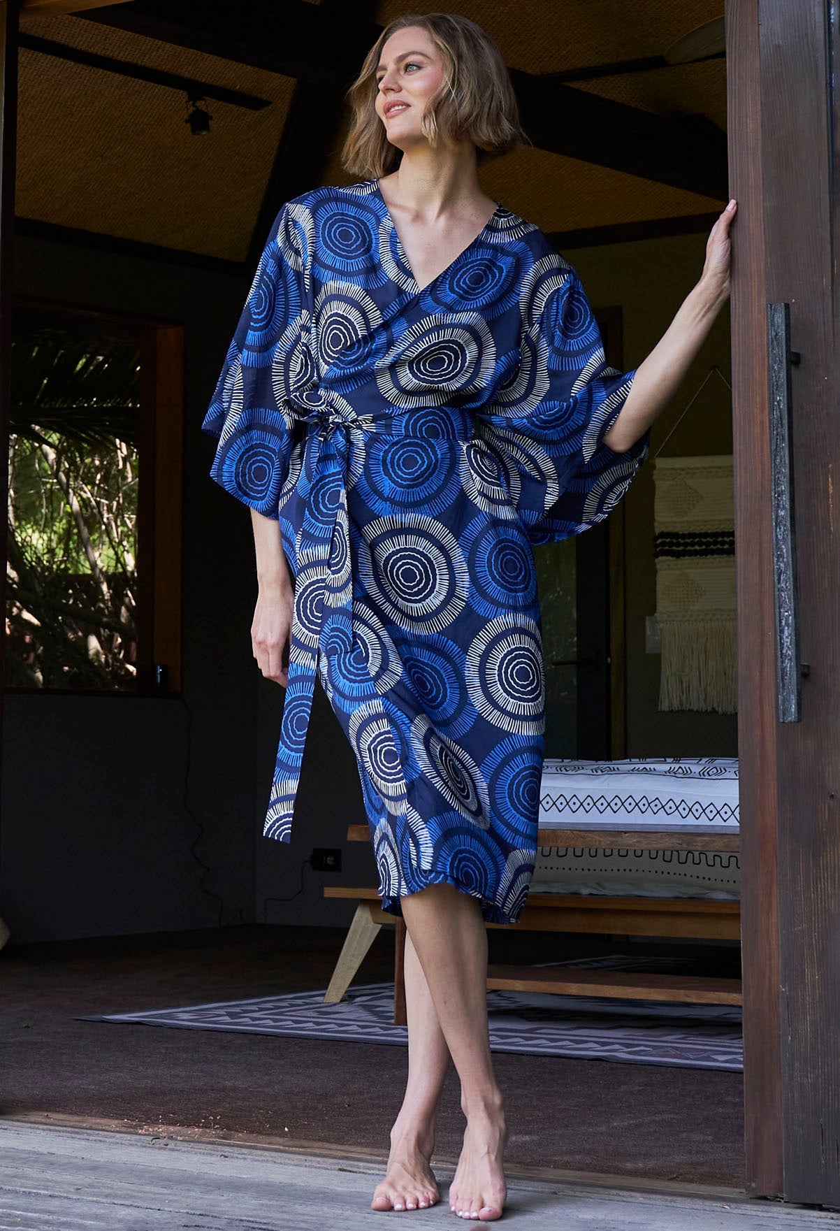 Malaysia Collection: Matahari Print Long Silk Belted Duster - ocean+main