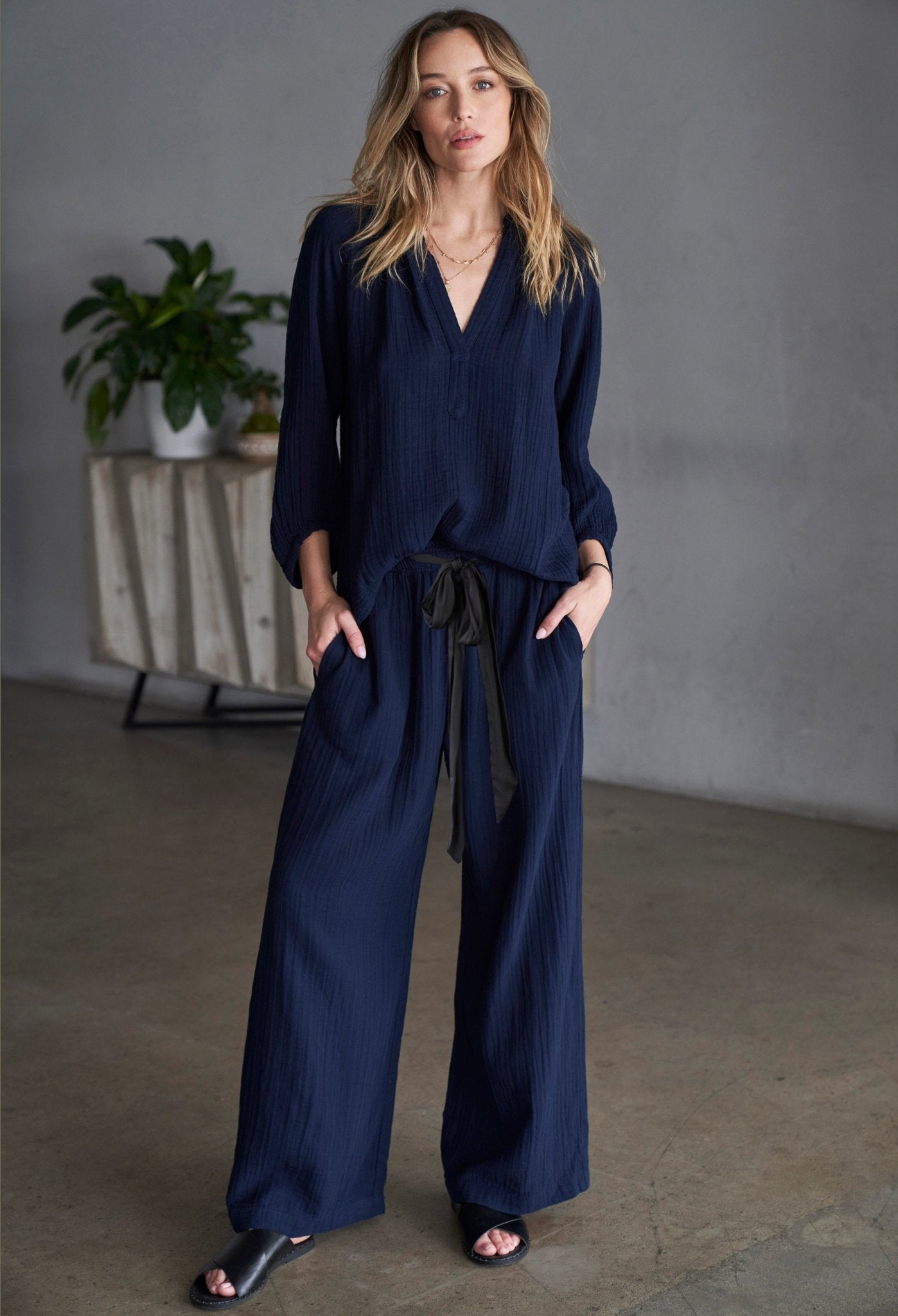 Navy Gauze Palazzo Pant the Satin Tie Belt - ocean+main