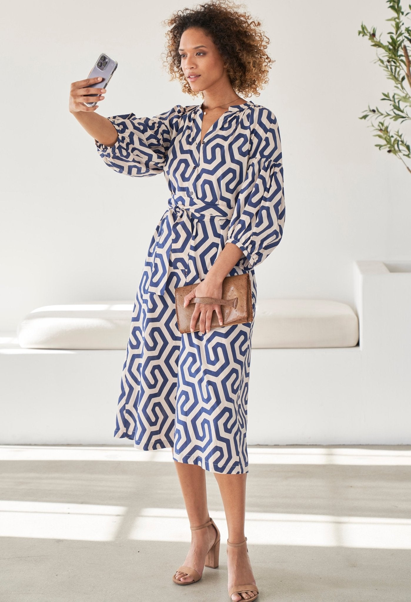 Navy Geometric Cotton Belted Aubrey Peasant Dress with Pockets - Sale