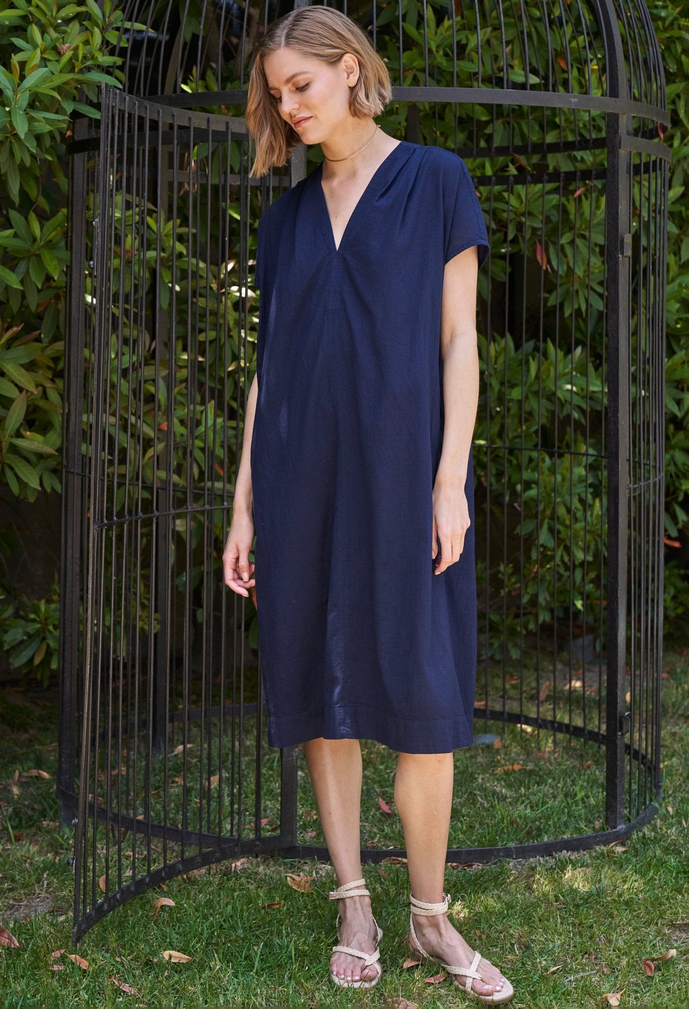 Navy Short Cap Sleeve Cotton Belted Shift Dress - Sale