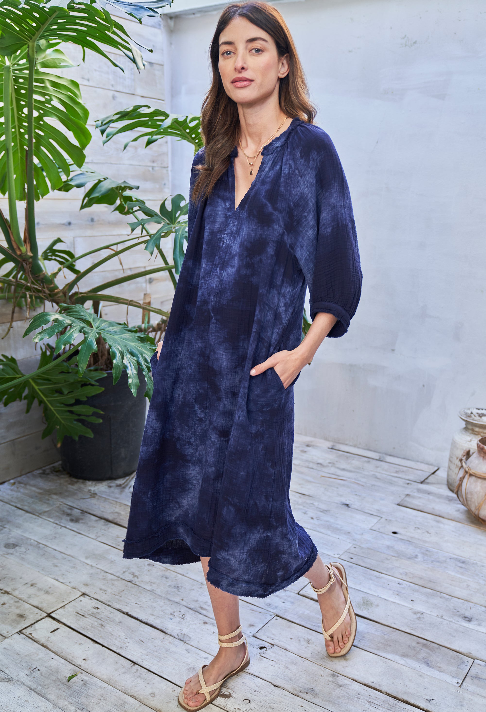 Navy Milky Way Gauze Dress with Pockets