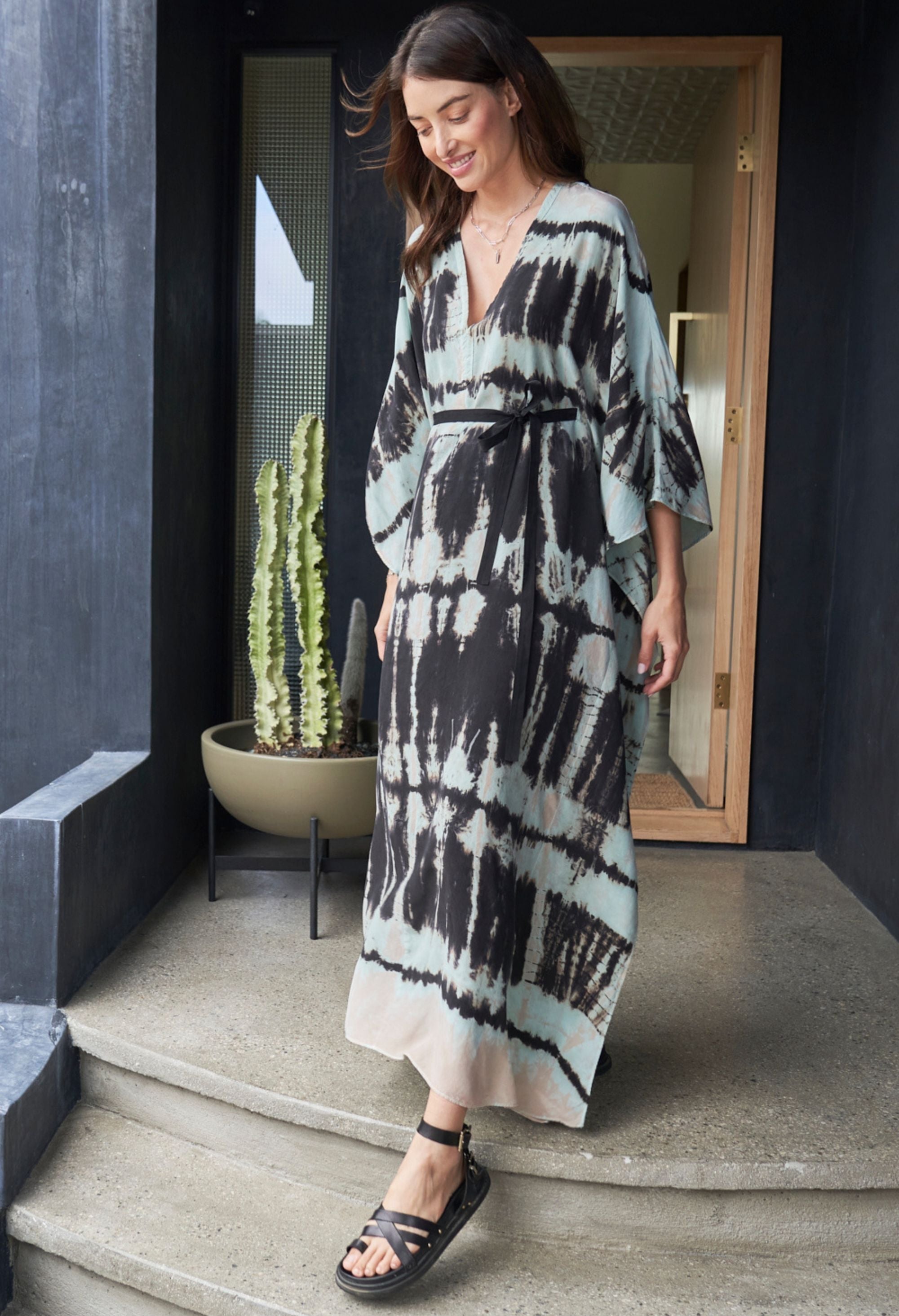 Sky Blue Aztec Print Cupro Caftan with Removable Belt